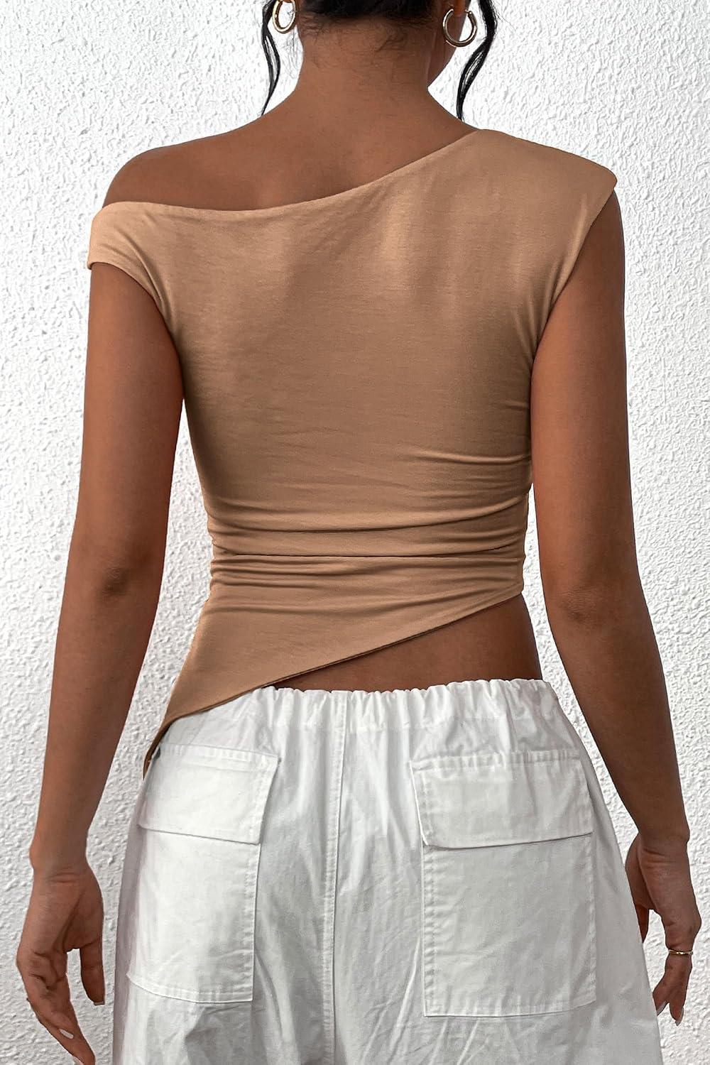 imagePRETTYGARDEN Womens Off The Shoulder Y2K Tops 2026 Summer Sleeveless Asymmetrical Ruched Going Out Tank Top Fashion ClothingKhaki