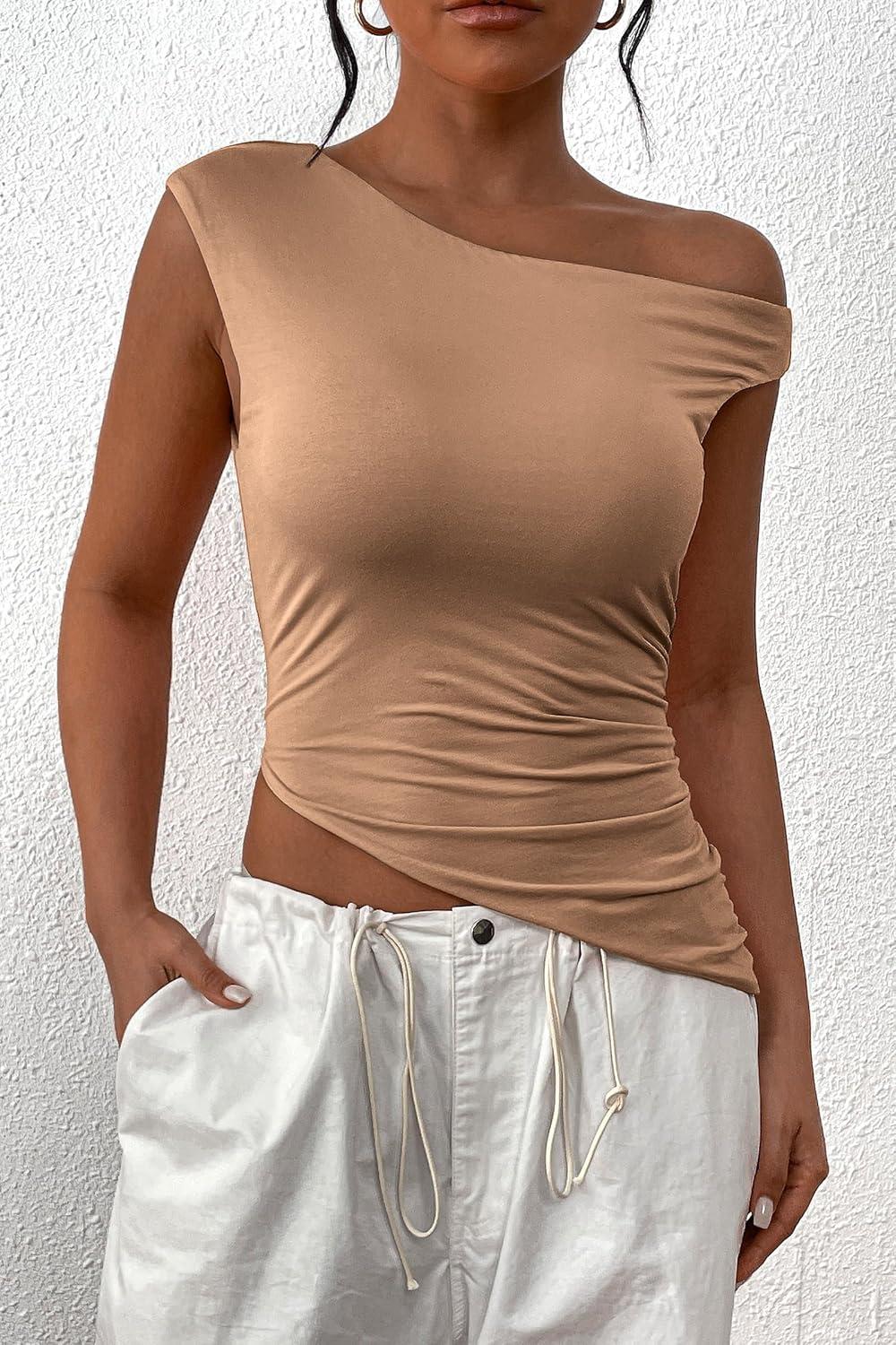 imagePRETTYGARDEN Womens Off The Shoulder Y2K Tops 2026 Summer Sleeveless Asymmetrical Ruched Going Out Tank Top Fashion ClothingKhaki