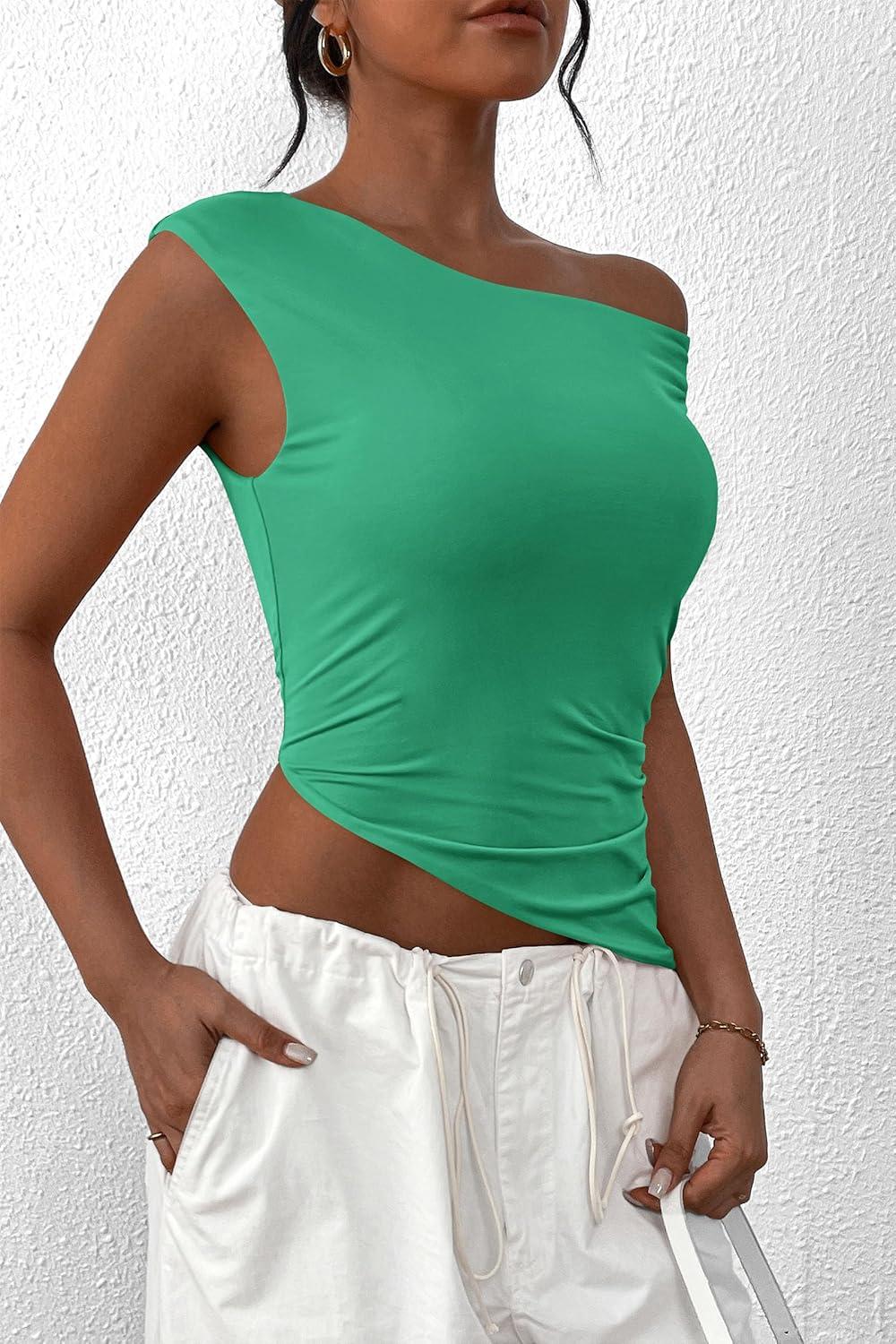 imagePRETTYGARDEN Womens Off The Shoulder Y2K Tops 2026 Summer Sleeveless Asymmetrical Ruched Going Out Tank Top Fashion ClothingLight Green
