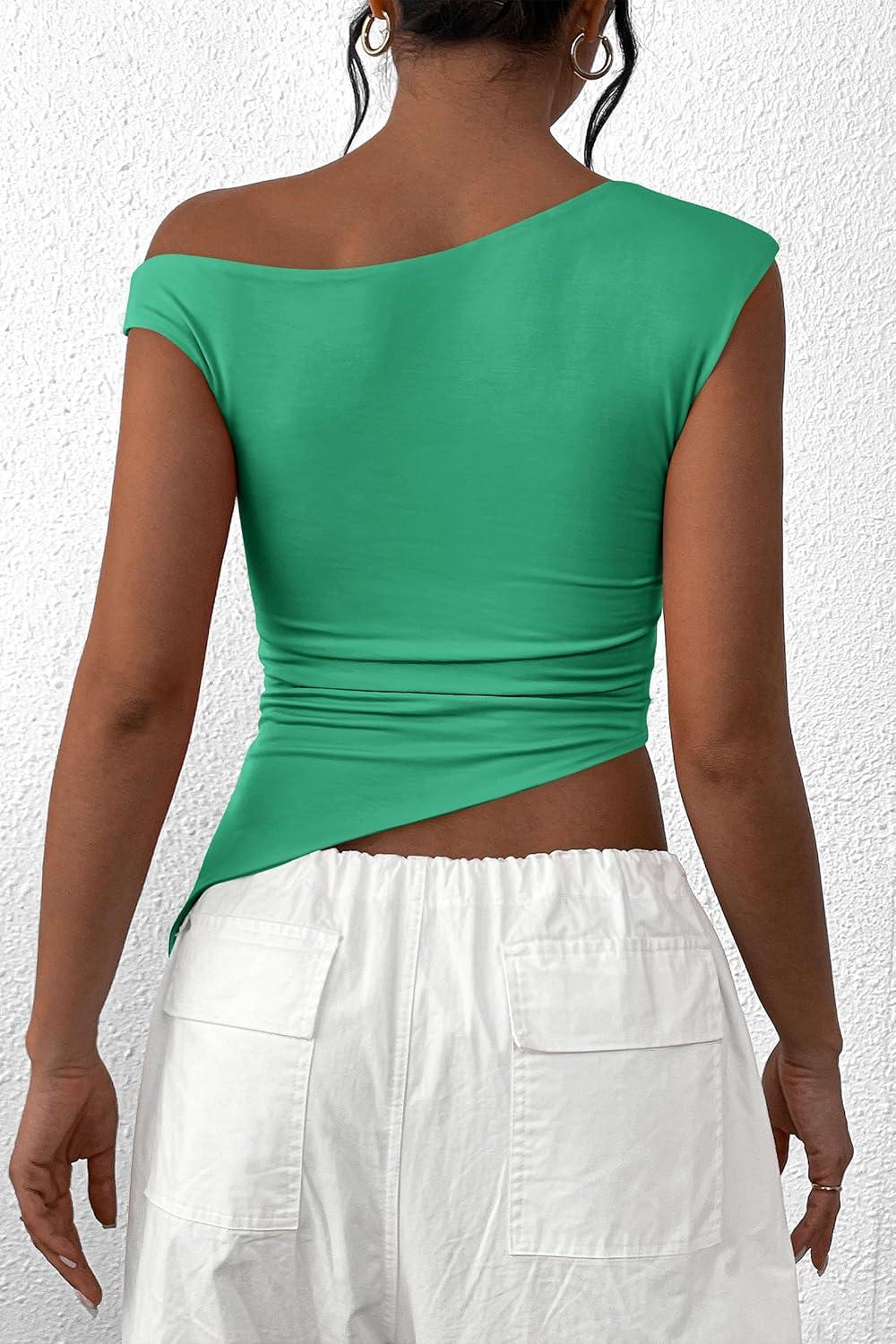 imagePRETTYGARDEN Womens Off The Shoulder Y2K Tops 2026 Summer Sleeveless Asymmetrical Ruched Going Out Tank Top Fashion ClothingLight Green