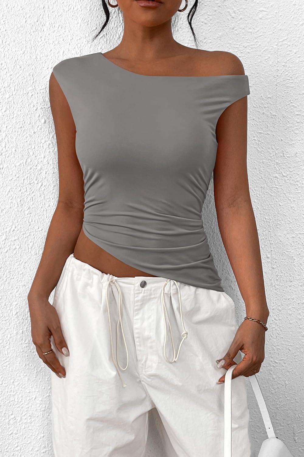 imagePRETTYGARDEN Womens Off The Shoulder Y2K Tops 2026 Summer Sleeveless Asymmetrical Ruched Going Out Tank Top Fashion ClothingLight Grey