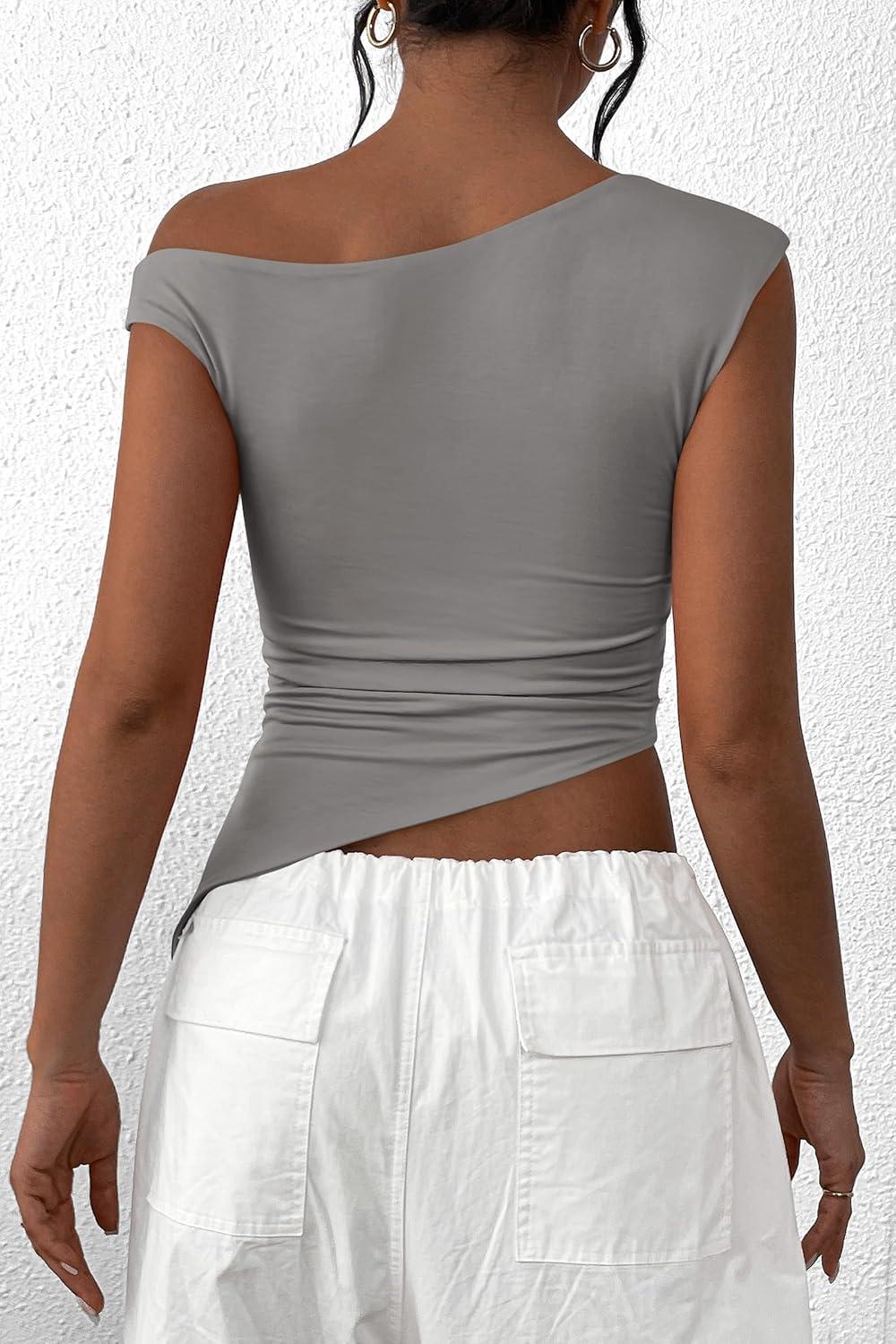 imagePRETTYGARDEN Womens Off The Shoulder Y2K Tops 2026 Summer Sleeveless Asymmetrical Ruched Going Out Tank Top Fashion ClothingLight Grey