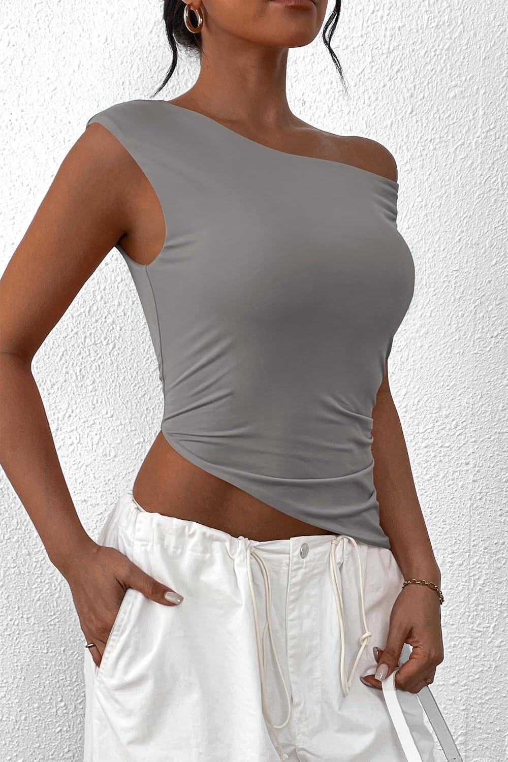 imagePRETTYGARDEN Womens Off The Shoulder Y2K Tops 2026 Summer Sleeveless Asymmetrical Ruched Going Out Tank Top Fashion ClothingLight Grey