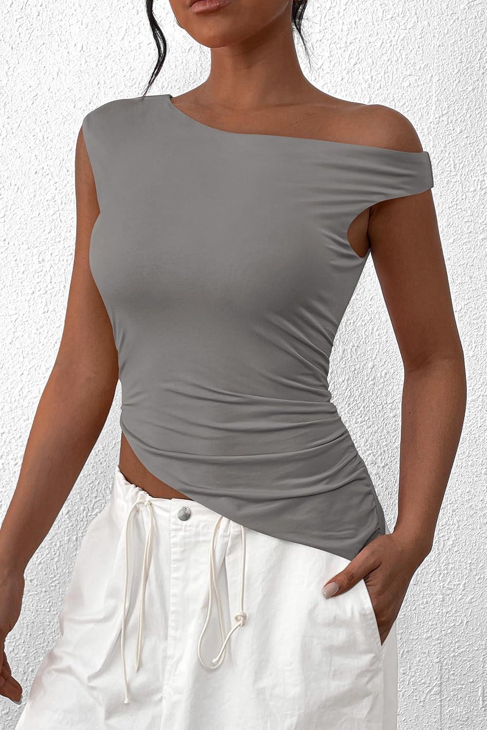 imagePRETTYGARDEN Womens Off The Shoulder Y2K Tops 2026 Summer Sleeveless Asymmetrical Ruched Going Out Tank Top Fashion ClothingLight Grey