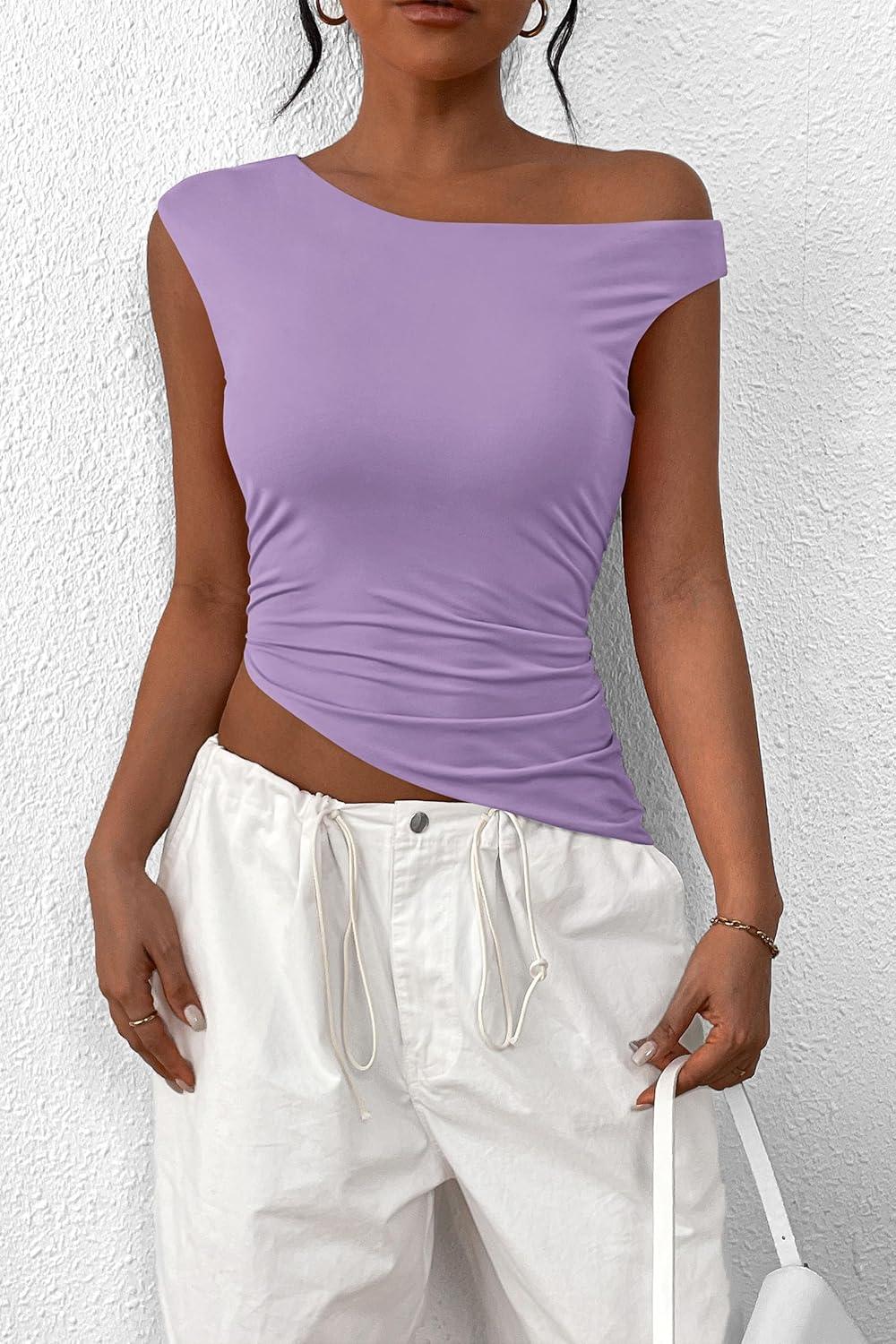 imagePRETTYGARDEN Womens Off The Shoulder Y2K Tops 2026 Summer Sleeveless Asymmetrical Ruched Going Out Tank Top Fashion ClothingLight Purple