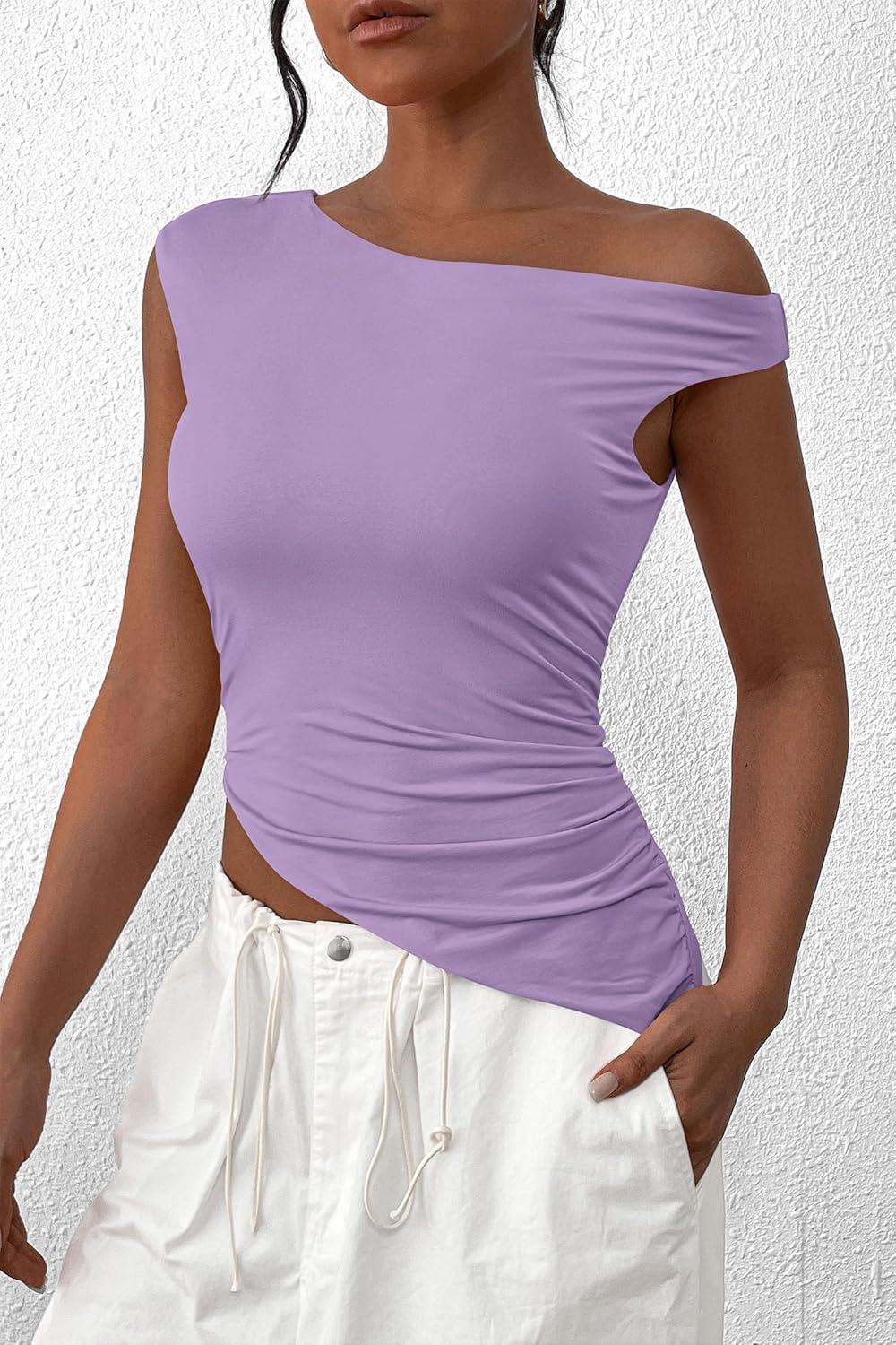 imagePRETTYGARDEN Womens Off The Shoulder Y2K Tops 2026 Summer Sleeveless Asymmetrical Ruched Going Out Tank Top Fashion ClothingLight Purple