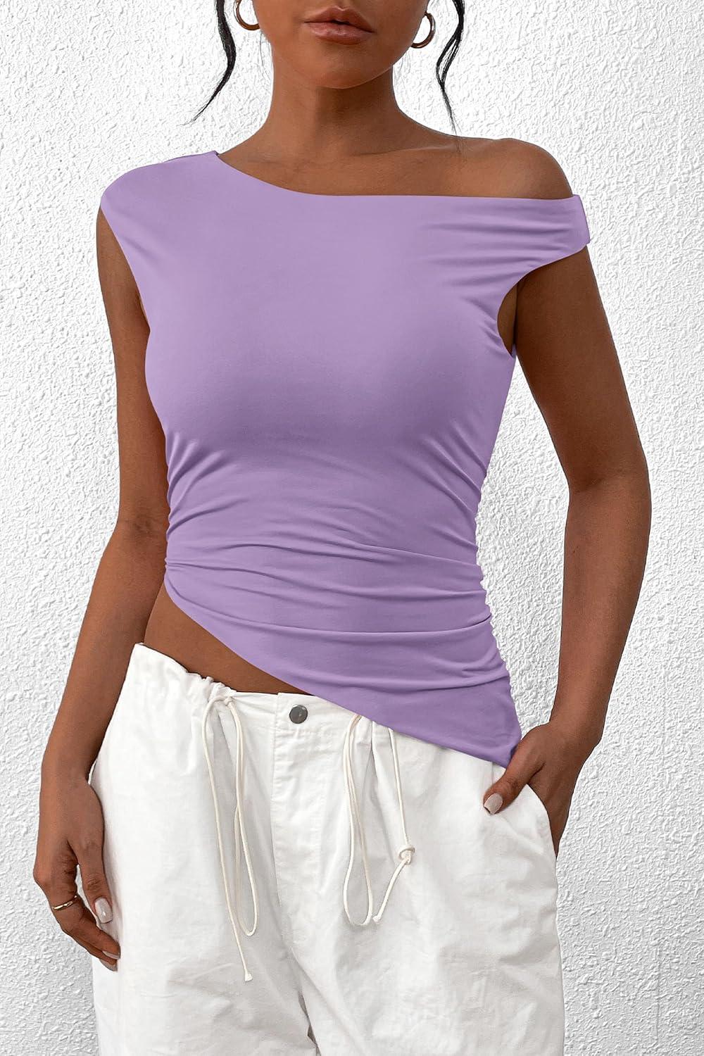 imagePRETTYGARDEN Womens Off The Shoulder Y2K Tops 2026 Summer Sleeveless Asymmetrical Ruched Going Out Tank Top Fashion ClothingLight Purple
