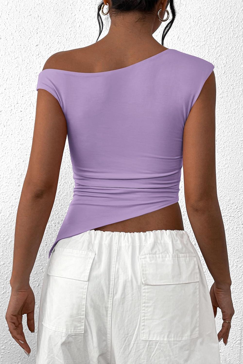imagePRETTYGARDEN Womens Off The Shoulder Y2K Tops 2026 Summer Sleeveless Asymmetrical Ruched Going Out Tank Top Fashion ClothingLight Purple