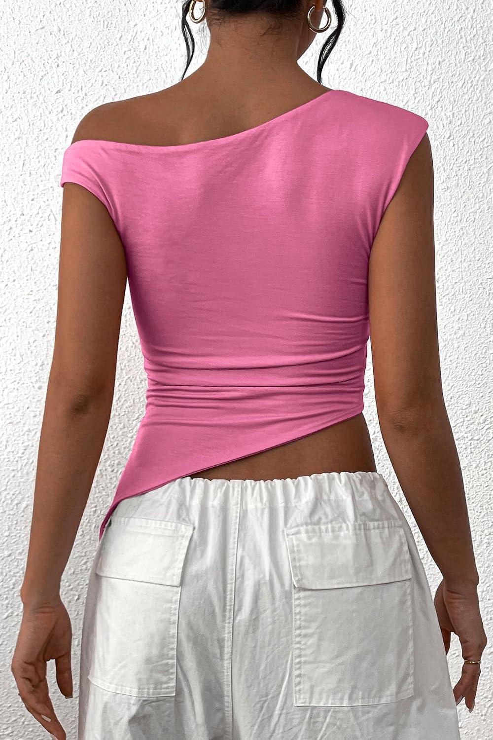 imagePRETTYGARDEN Womens Off The Shoulder Y2K Tops 2026 Summer Sleeveless Asymmetrical Ruched Going Out Tank Top Fashion ClothingPink