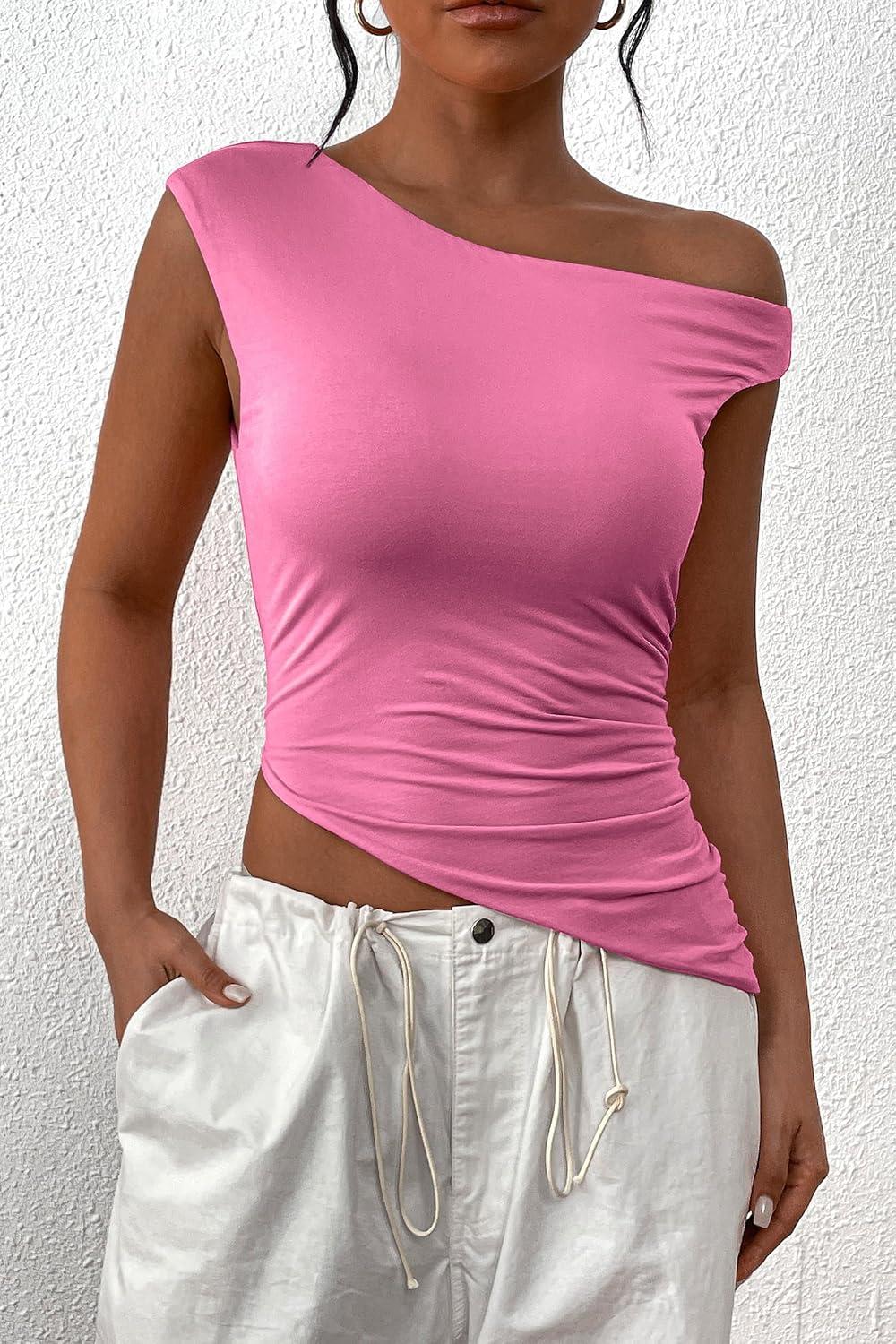 imagePRETTYGARDEN Womens Off The Shoulder Y2K Tops 2026 Summer Sleeveless Asymmetrical Ruched Going Out Tank Top Fashion ClothingPink