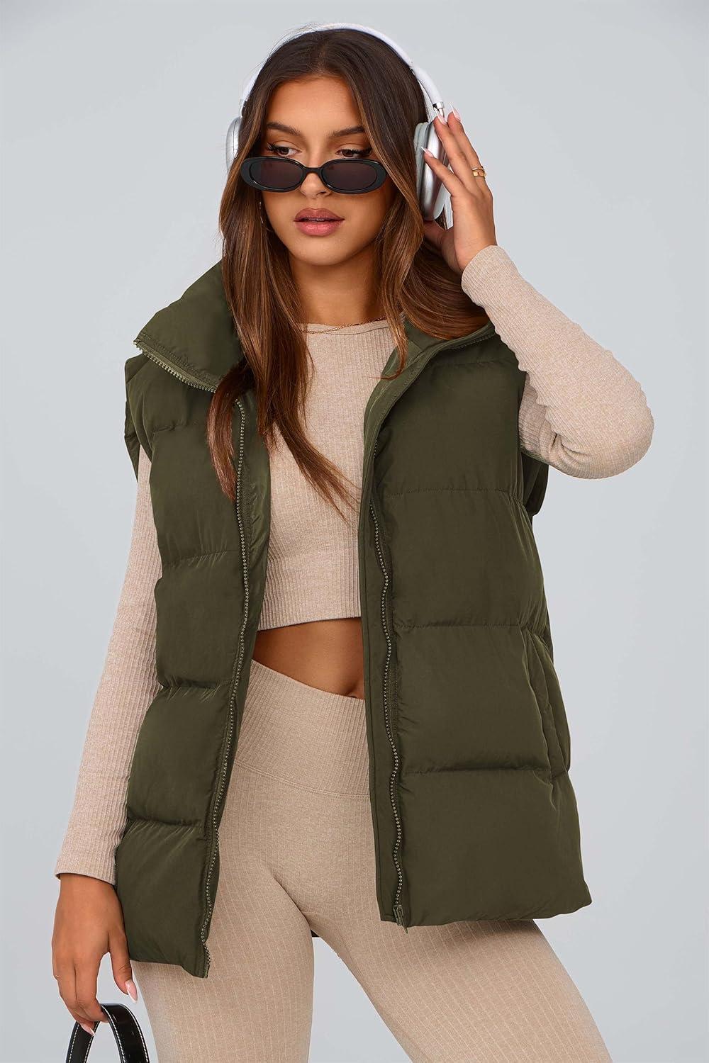 imagePRETTYGARDEN Womens Puffer Jacket Vests 2026 Fall Casual Sleeveless Stand Collar Zip Up Coats Warm Winter OuterwearArmy Green