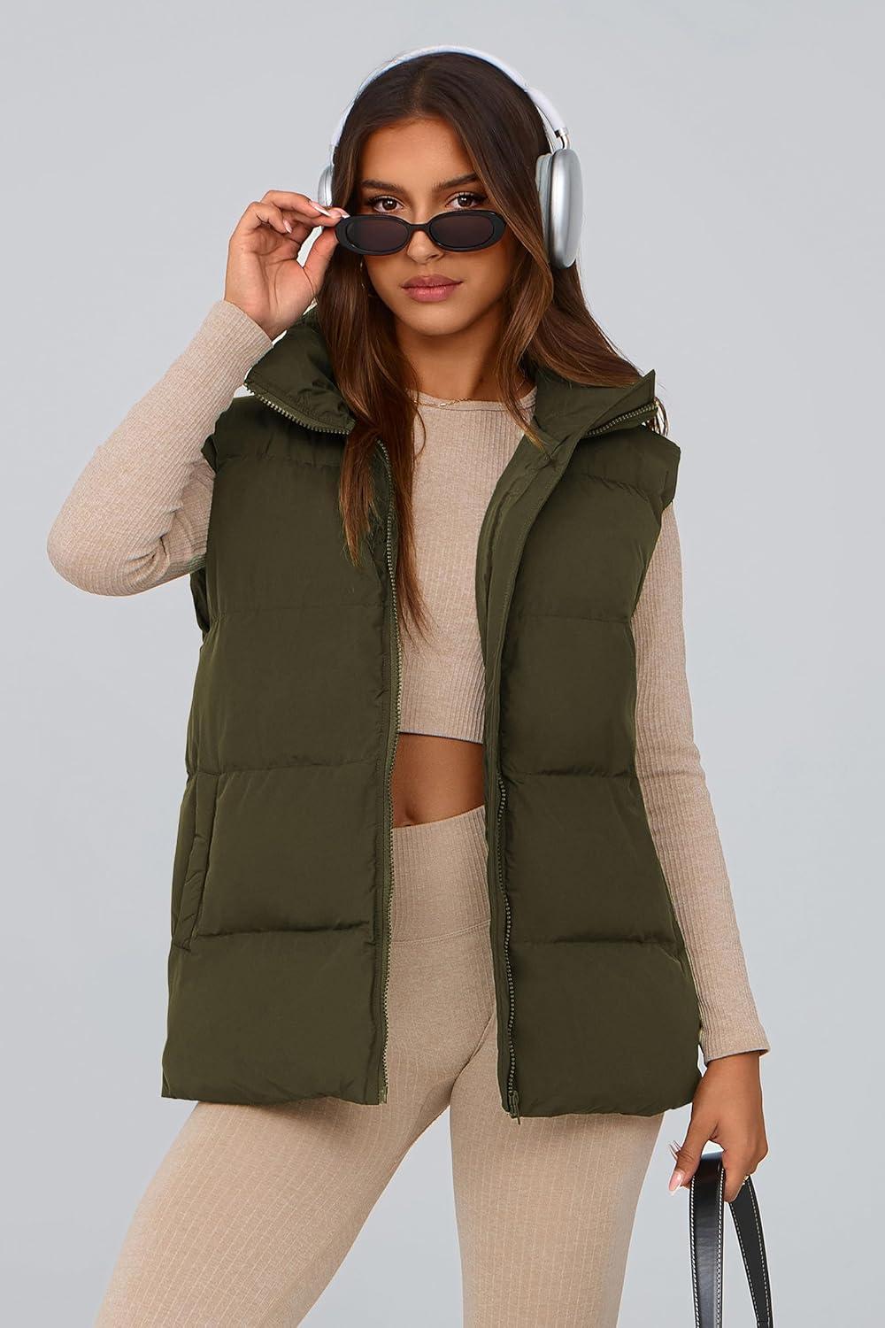 imagePRETTYGARDEN Womens Puffer Jacket Vests 2026 Fall Casual Sleeveless Stand Collar Zip Up Coats Warm Winter OuterwearArmy Green