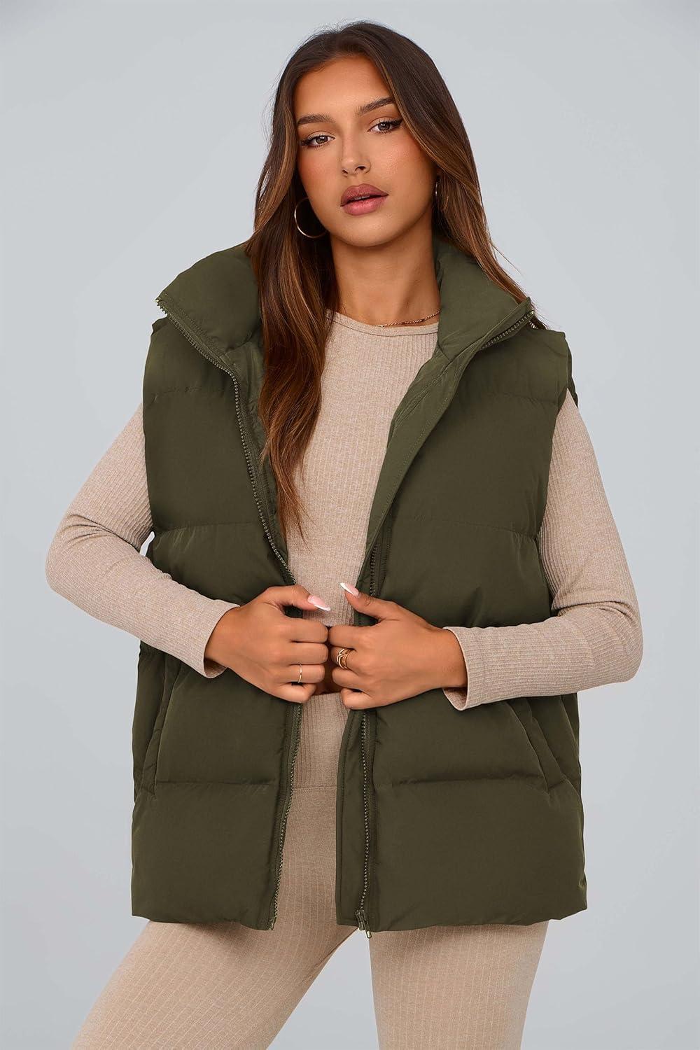 imagePRETTYGARDEN Womens Puffer Jacket Vests 2026 Fall Casual Sleeveless Stand Collar Zip Up Coats Warm Winter OuterwearArmy Green