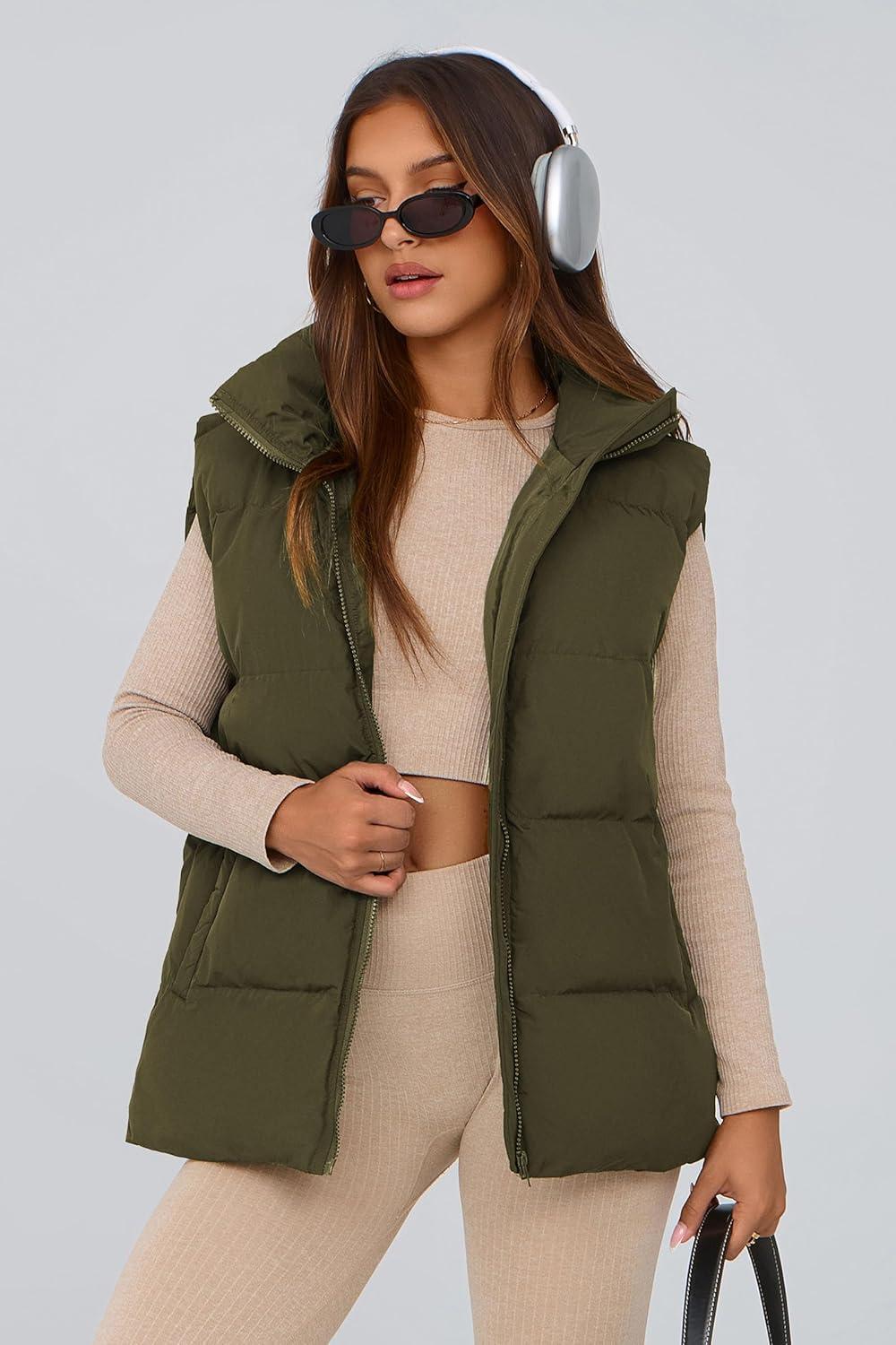 imagePRETTYGARDEN Womens Puffer Jacket Vests 2026 Fall Casual Sleeveless Stand Collar Zip Up Coats Warm Winter OuterwearArmy Green