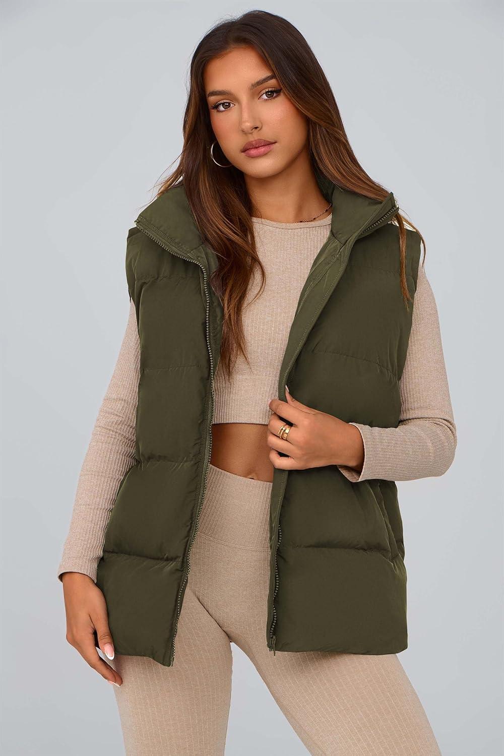 imagePRETTYGARDEN Womens Puffer Jacket Vests 2026 Fall Casual Sleeveless Stand Collar Zip Up Coats Warm Winter OuterwearArmy Green