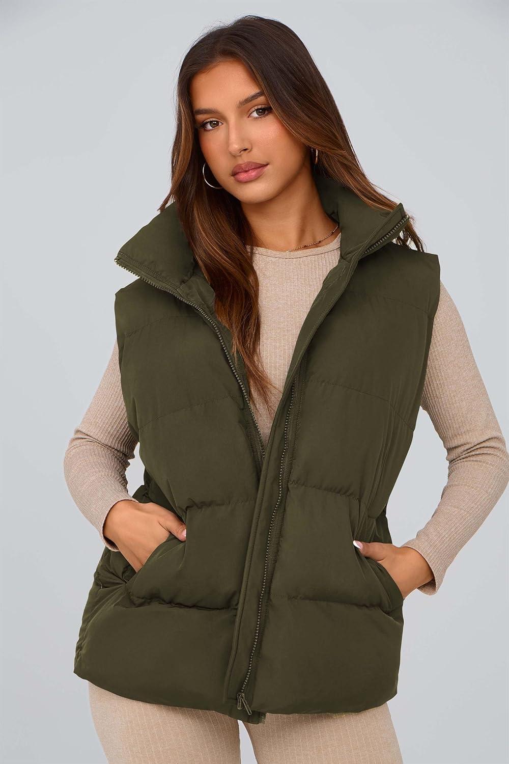 imagePRETTYGARDEN Womens Puffer Jacket Vests 2026 Fall Casual Sleeveless Stand Collar Zip Up Coats Warm Winter OuterwearArmy Green