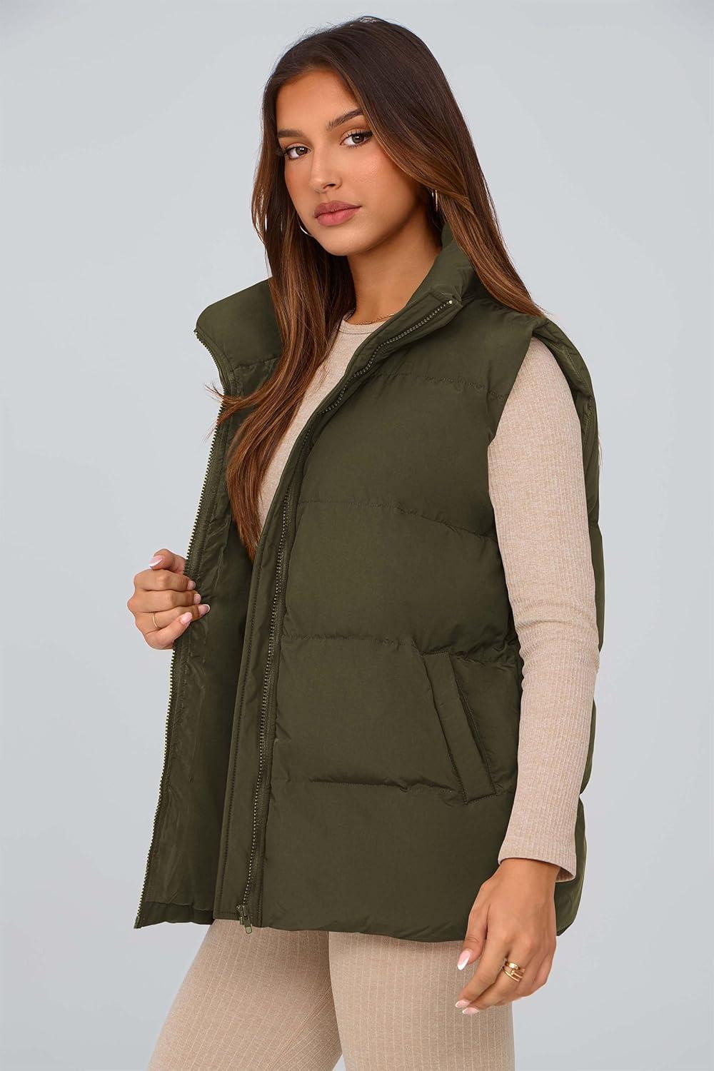 imagePRETTYGARDEN Womens Puffer Jacket Vests 2026 Fall Casual Sleeveless Stand Collar Zip Up Coats Warm Winter OuterwearArmy Green