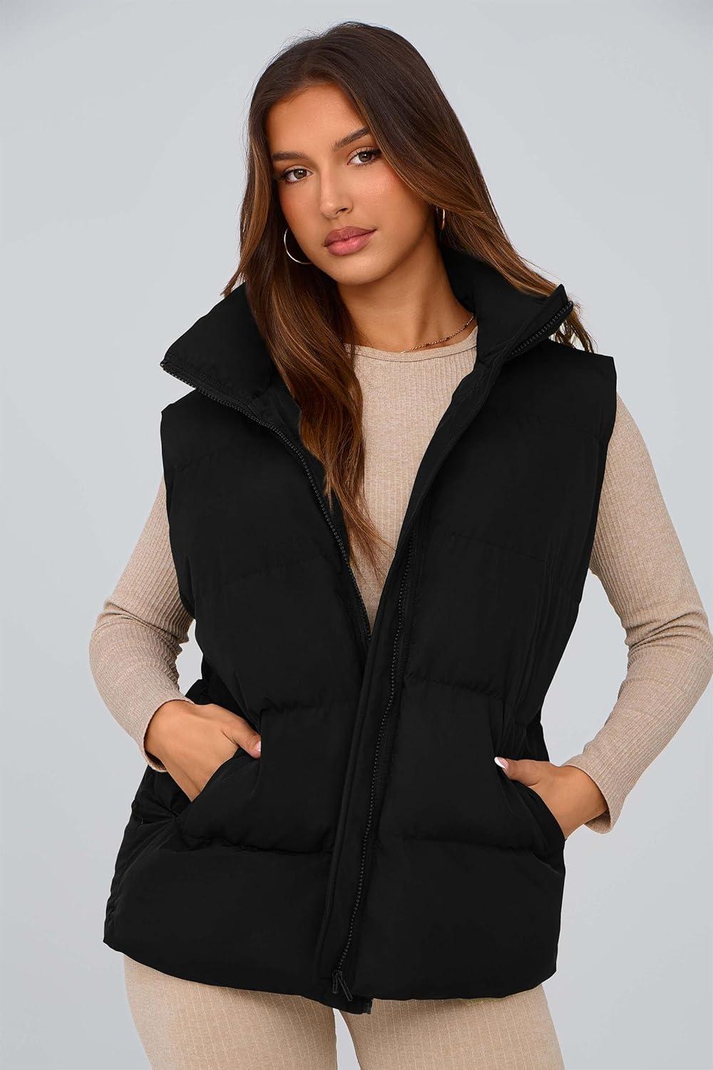 imagePRETTYGARDEN Womens Puffer Jacket Vests 2026 Fall Casual Sleeveless Stand Collar Zip Up Coats Warm Winter OuterwearBlack