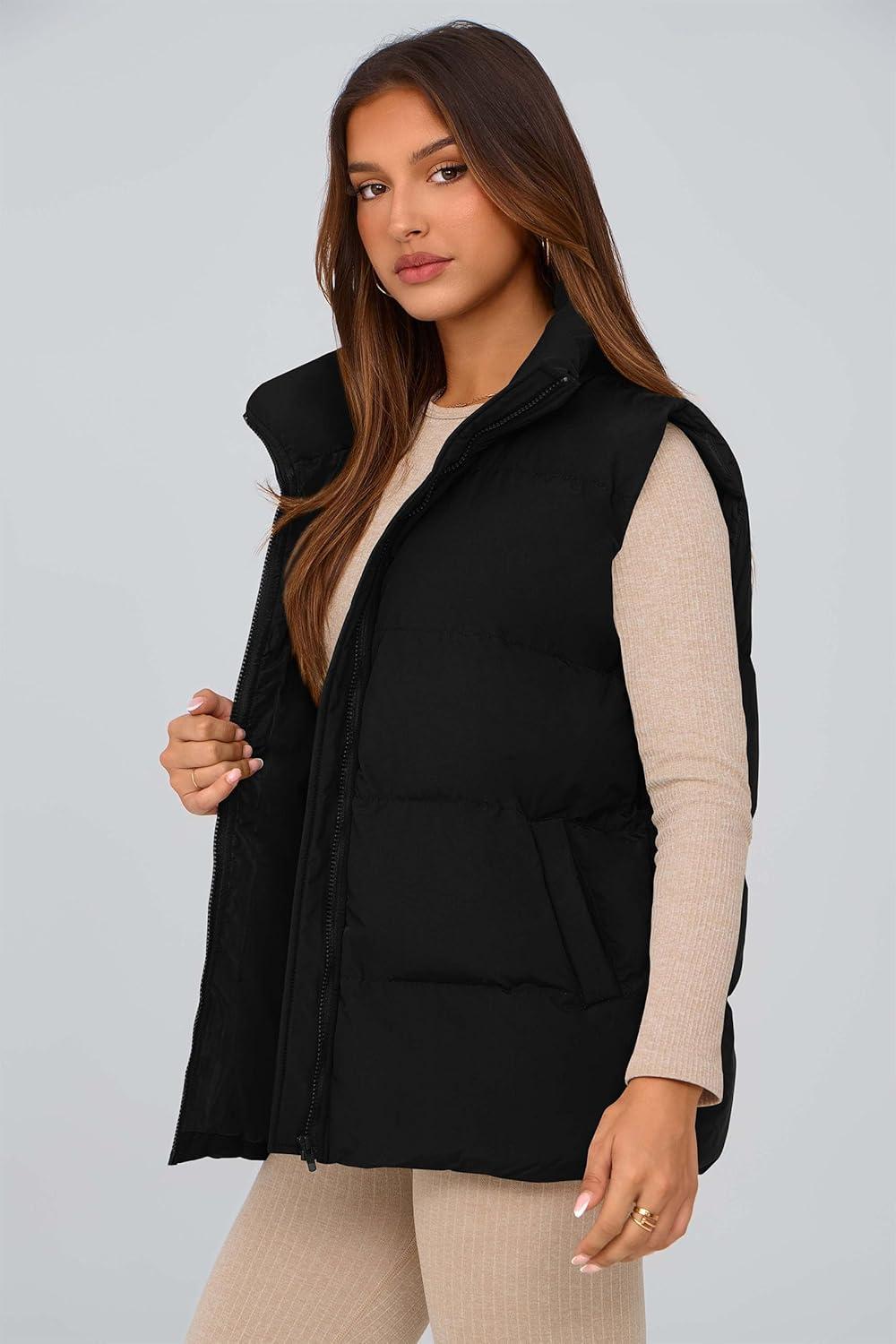 imagePRETTYGARDEN Womens Puffer Jacket Vests 2026 Fall Casual Sleeveless Stand Collar Zip Up Coats Warm Winter OuterwearBlack