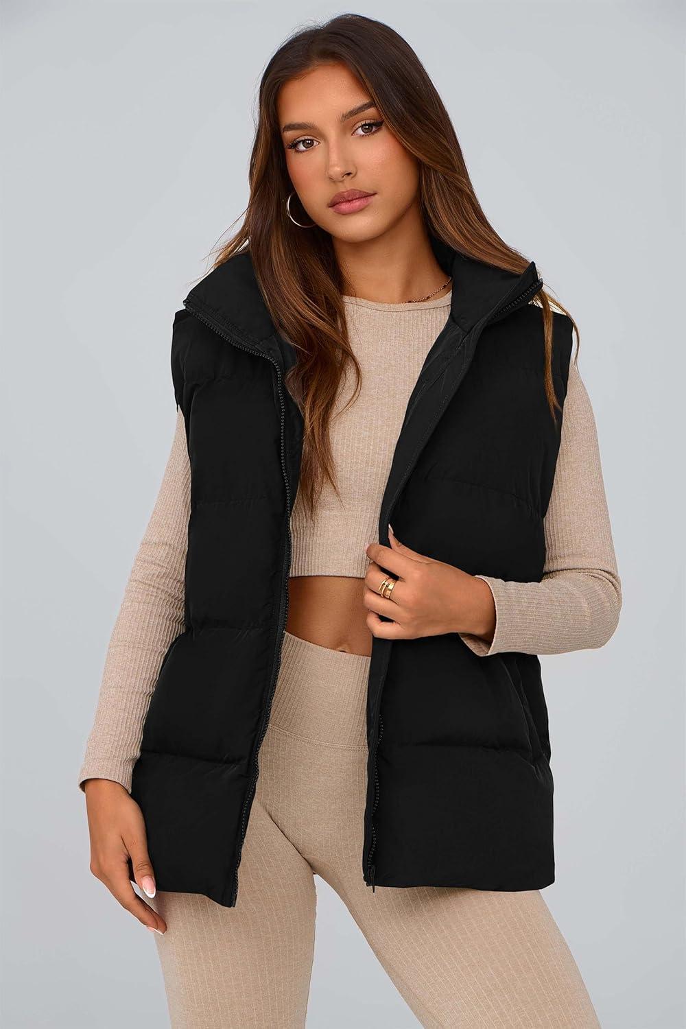 imagePRETTYGARDEN Womens Puffer Jacket Vests 2026 Fall Casual Sleeveless Stand Collar Zip Up Coats Warm Winter OuterwearBlack