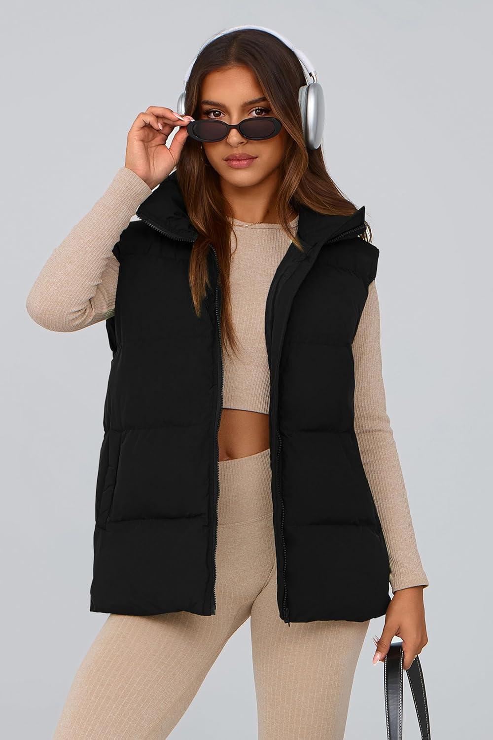 imagePRETTYGARDEN Womens Puffer Jacket Vests 2026 Fall Casual Sleeveless Stand Collar Zip Up Coats Warm Winter OuterwearBlack