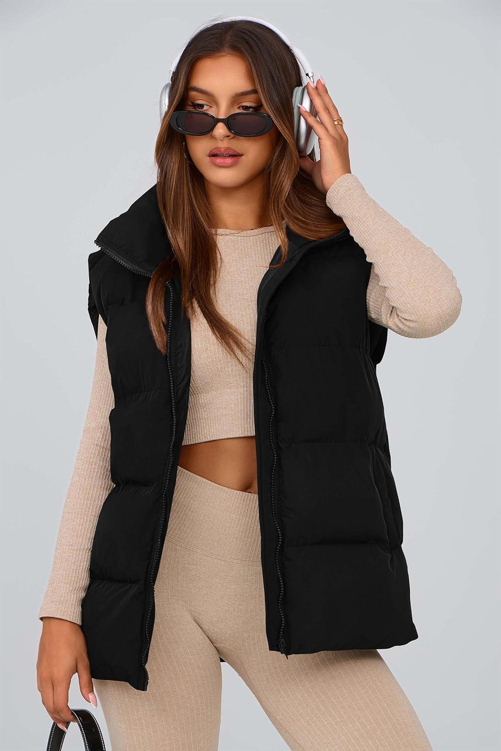 imagePRETTYGARDEN Womens Puffer Jacket Vests 2026 Fall Casual Sleeveless Stand Collar Zip Up Coats Warm Winter OuterwearBlack