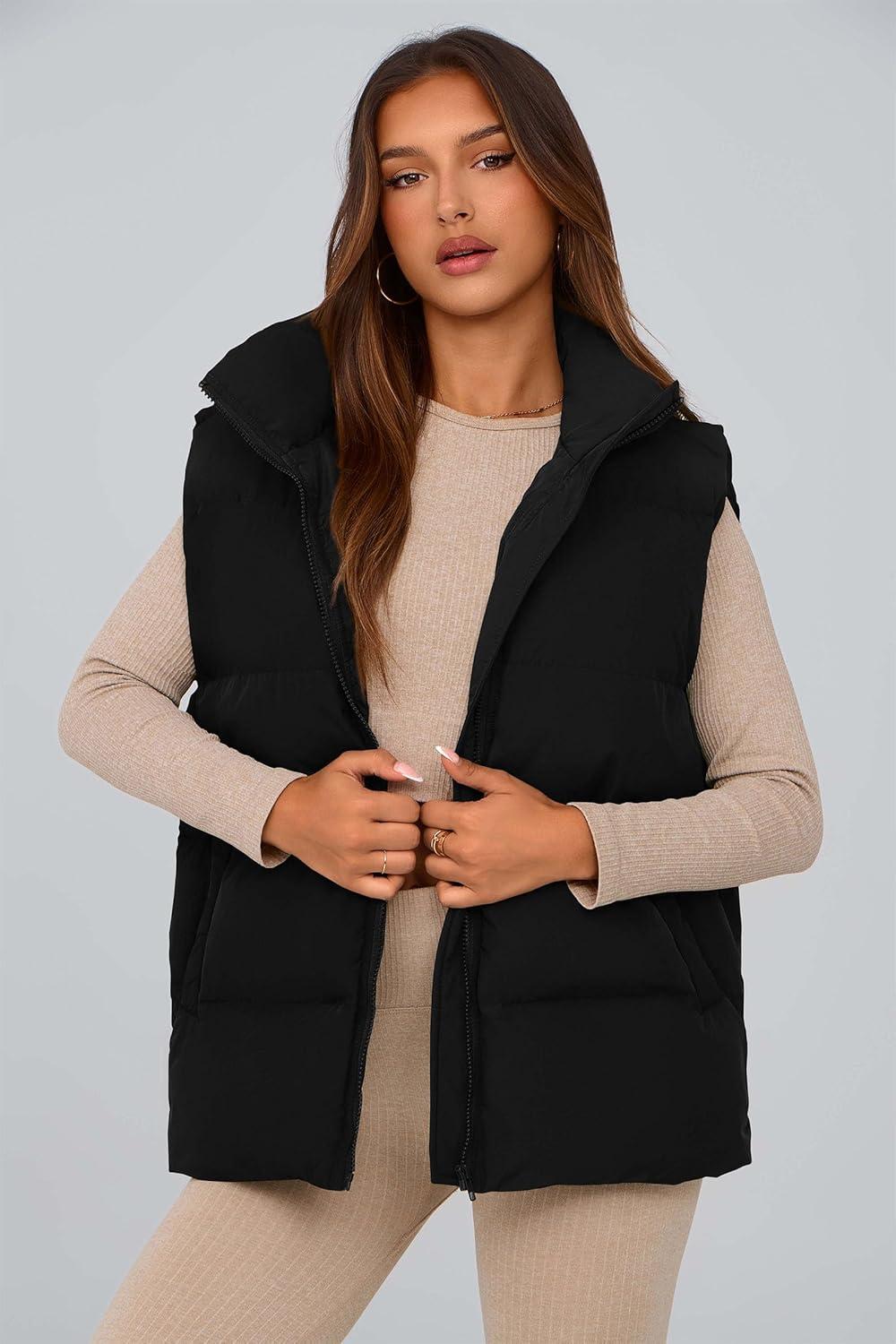 imagePRETTYGARDEN Womens Puffer Jacket Vests 2026 Fall Casual Sleeveless Stand Collar Zip Up Coats Warm Winter OuterwearBlack