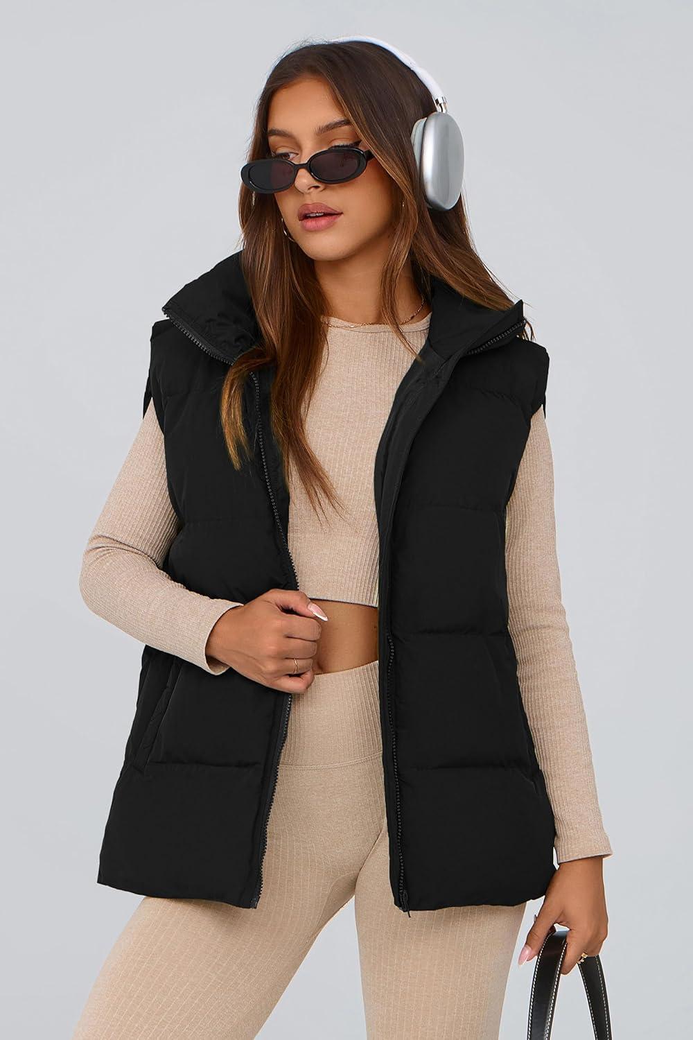 imagePRETTYGARDEN Womens Puffer Jacket Vests 2026 Fall Casual Sleeveless Stand Collar Zip Up Coats Warm Winter OuterwearBlack