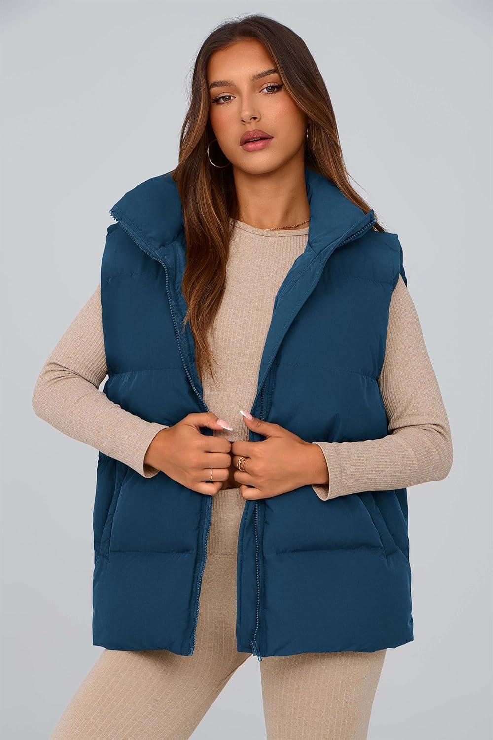 imagePRETTYGARDEN Womens Puffer Jacket Vests 2026 Fall Casual Sleeveless Stand Collar Zip Up Coats Warm Winter OuterwearDark Blue