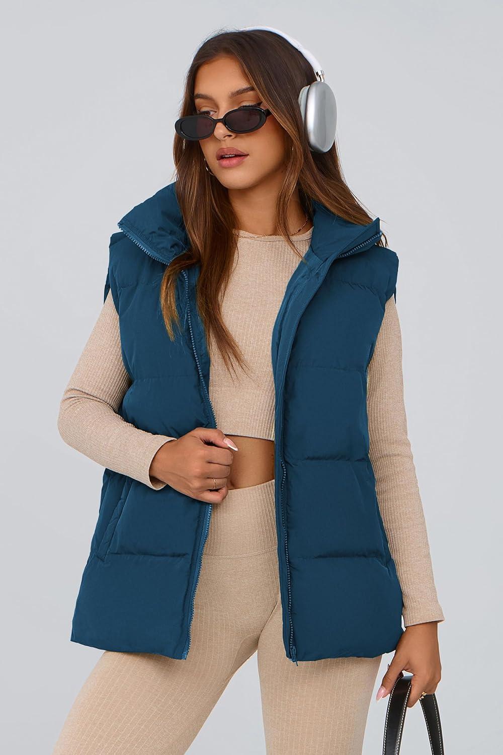 imagePRETTYGARDEN Womens Puffer Jacket Vests 2026 Fall Casual Sleeveless Stand Collar Zip Up Coats Warm Winter OuterwearDark Blue