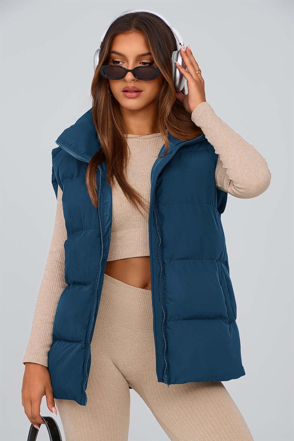 imagePRETTYGARDEN Womens Puffer Jacket Vests 2026 Fall Casual Sleeveless Stand Collar Zip Up Coats Warm Winter OuterwearDark Blue