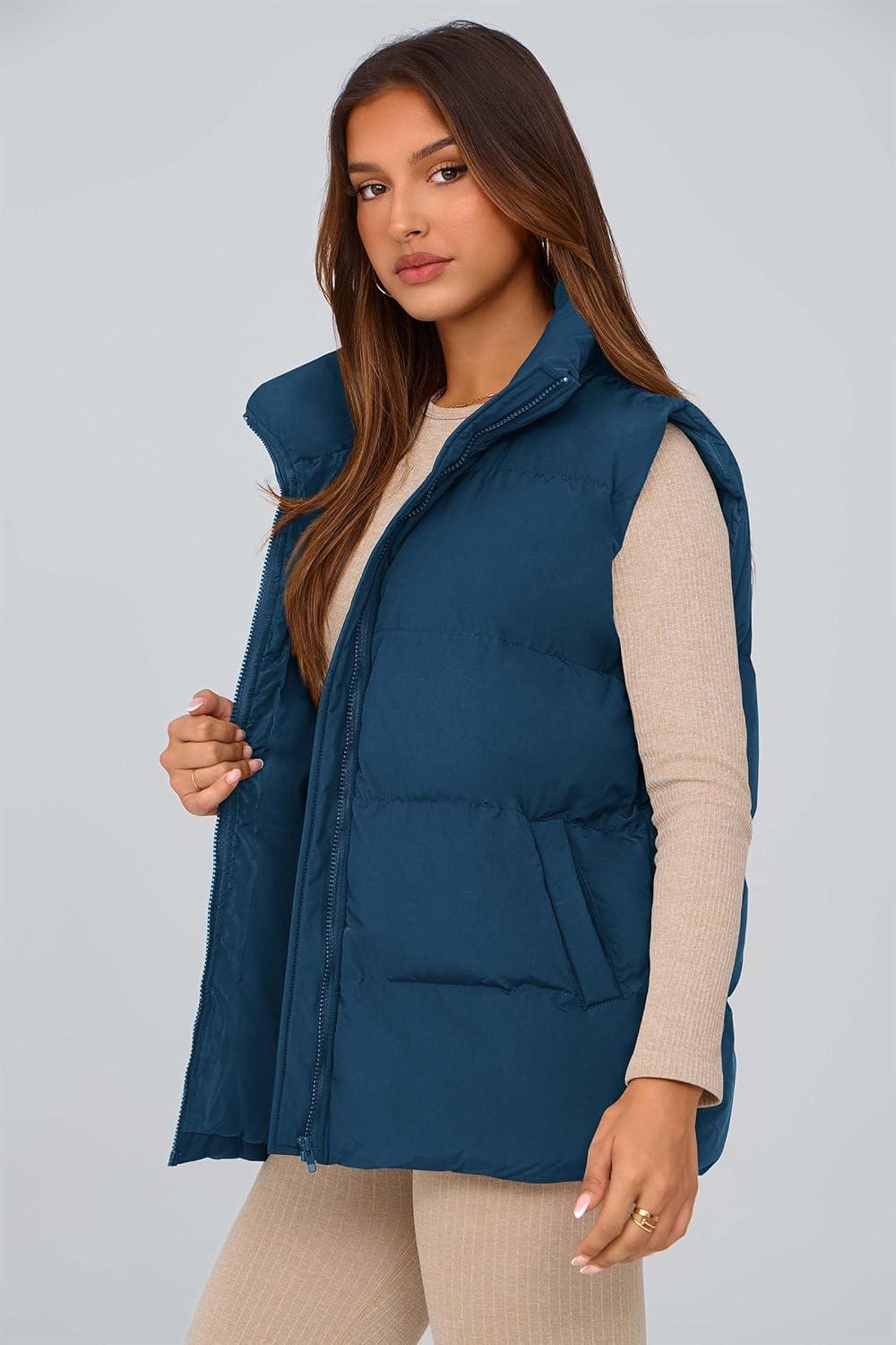 imagePRETTYGARDEN Womens Puffer Jacket Vests 2026 Fall Casual Sleeveless Stand Collar Zip Up Coats Warm Winter OuterwearDark Blue
