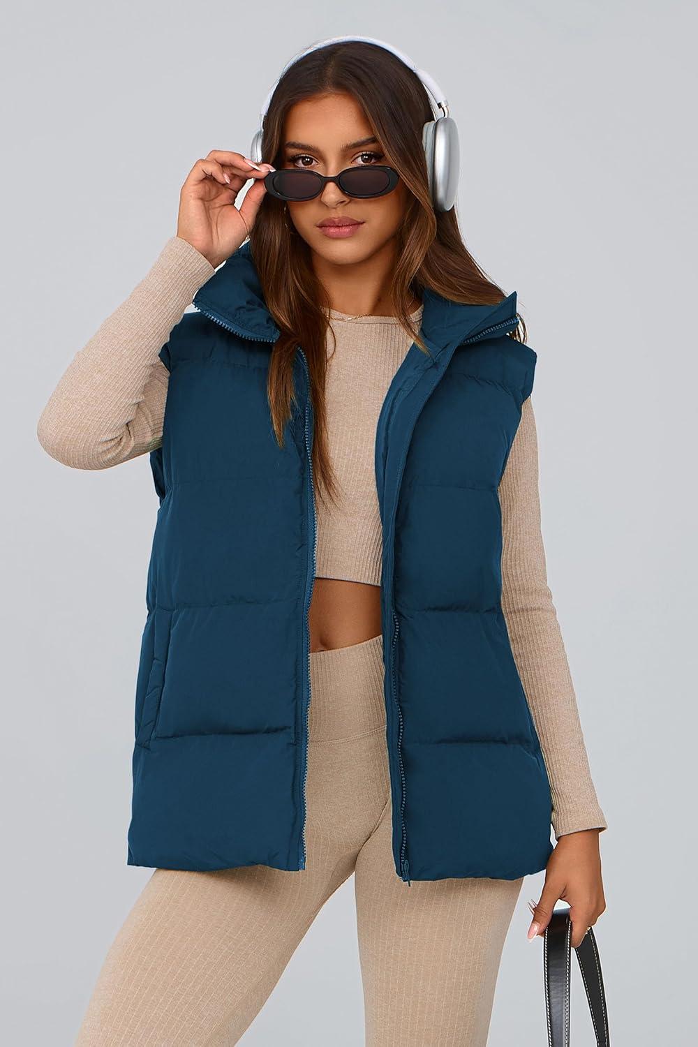 imagePRETTYGARDEN Womens Puffer Jacket Vests 2026 Fall Casual Sleeveless Stand Collar Zip Up Coats Warm Winter OuterwearDark Blue