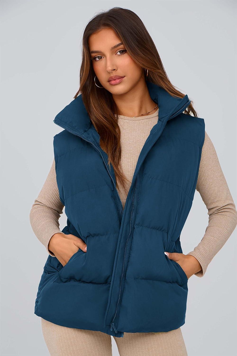 imagePRETTYGARDEN Womens Puffer Jacket Vests 2026 Fall Casual Sleeveless Stand Collar Zip Up Coats Warm Winter OuterwearDark Blue