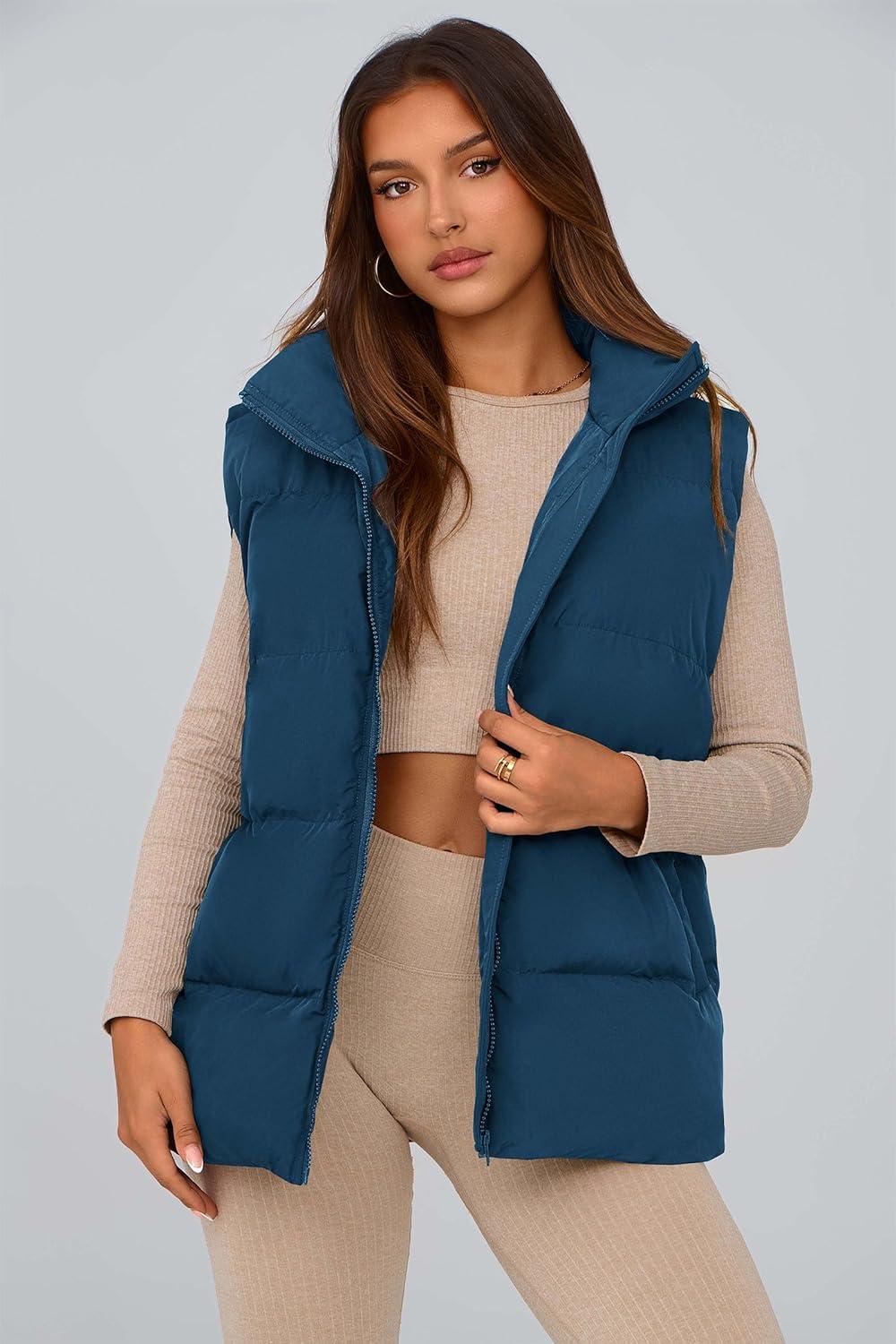 imagePRETTYGARDEN Womens Puffer Jacket Vests 2026 Fall Casual Sleeveless Stand Collar Zip Up Coats Warm Winter OuterwearDark Blue
