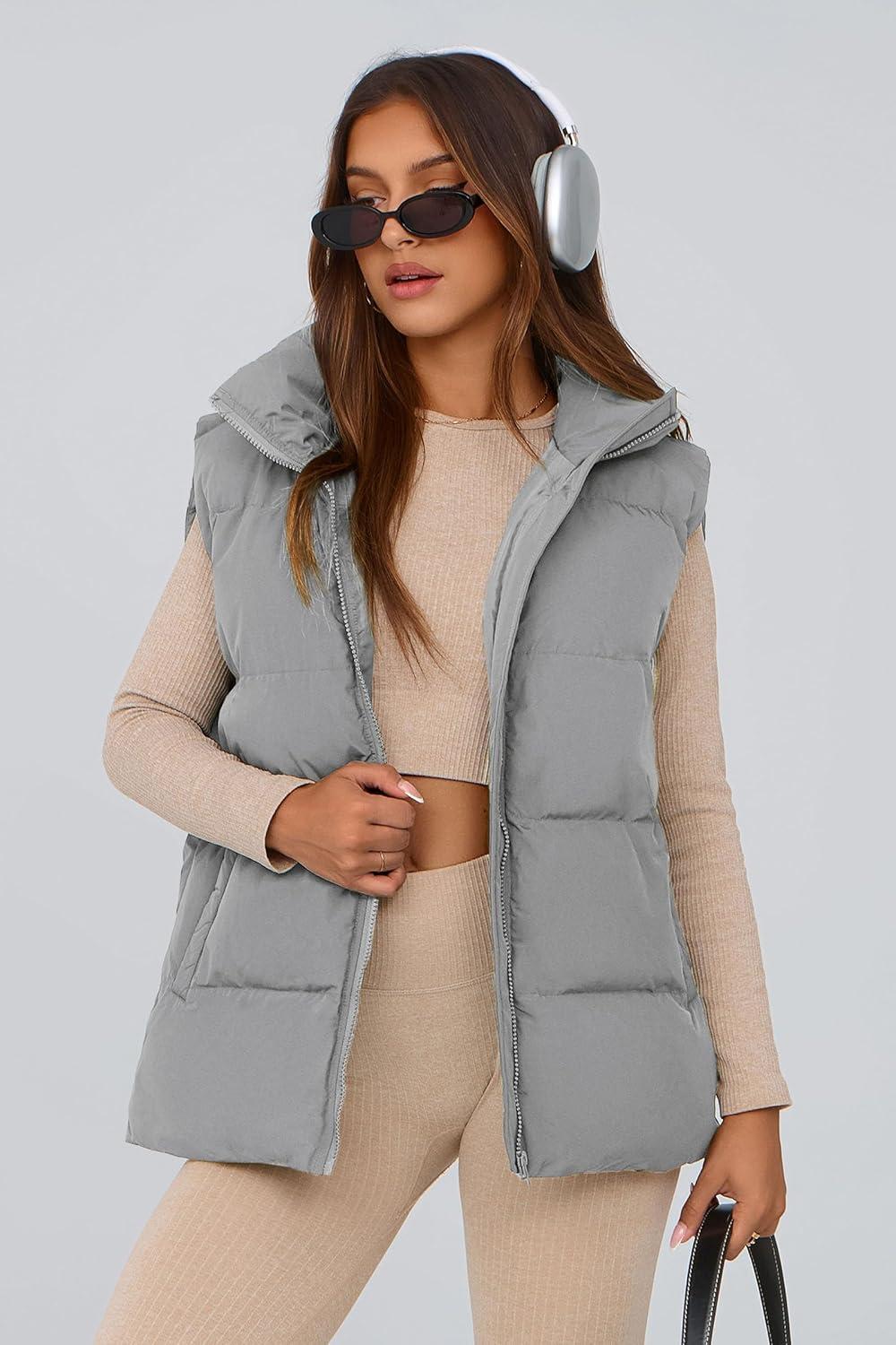 imagePRETTYGARDEN Womens Puffer Jacket Vests 2026 Fall Casual Sleeveless Stand Collar Zip Up Coats Warm Winter OuterwearLight Grey