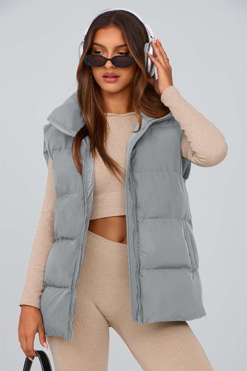 imagePRETTYGARDEN Womens Puffer Jacket Vests 2026 Fall Casual Sleeveless Stand Collar Zip Up Coats Warm Winter OuterwearLight Grey