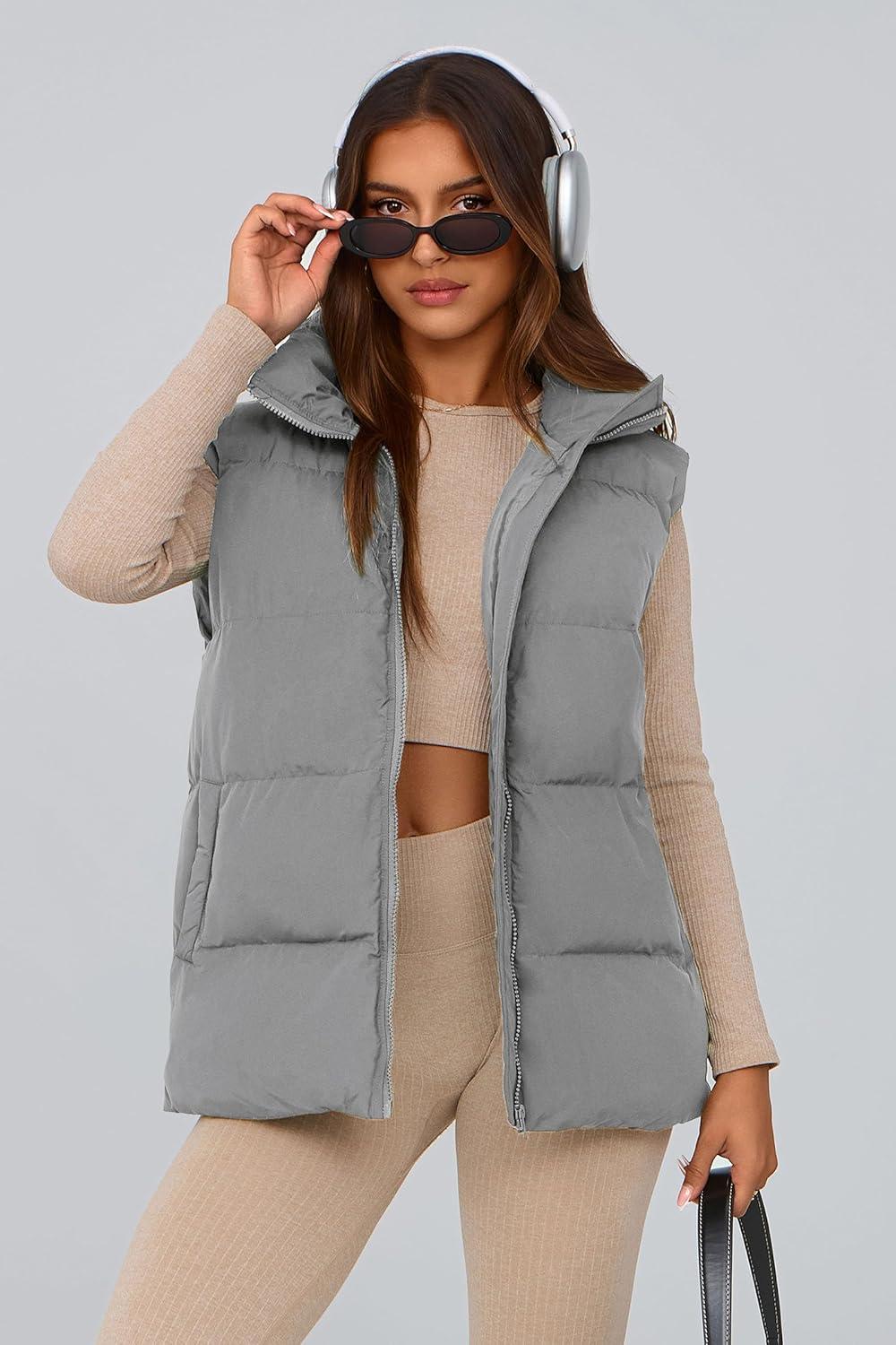 imagePRETTYGARDEN Womens Puffer Jacket Vests 2026 Fall Casual Sleeveless Stand Collar Zip Up Coats Warm Winter OuterwearLight Grey