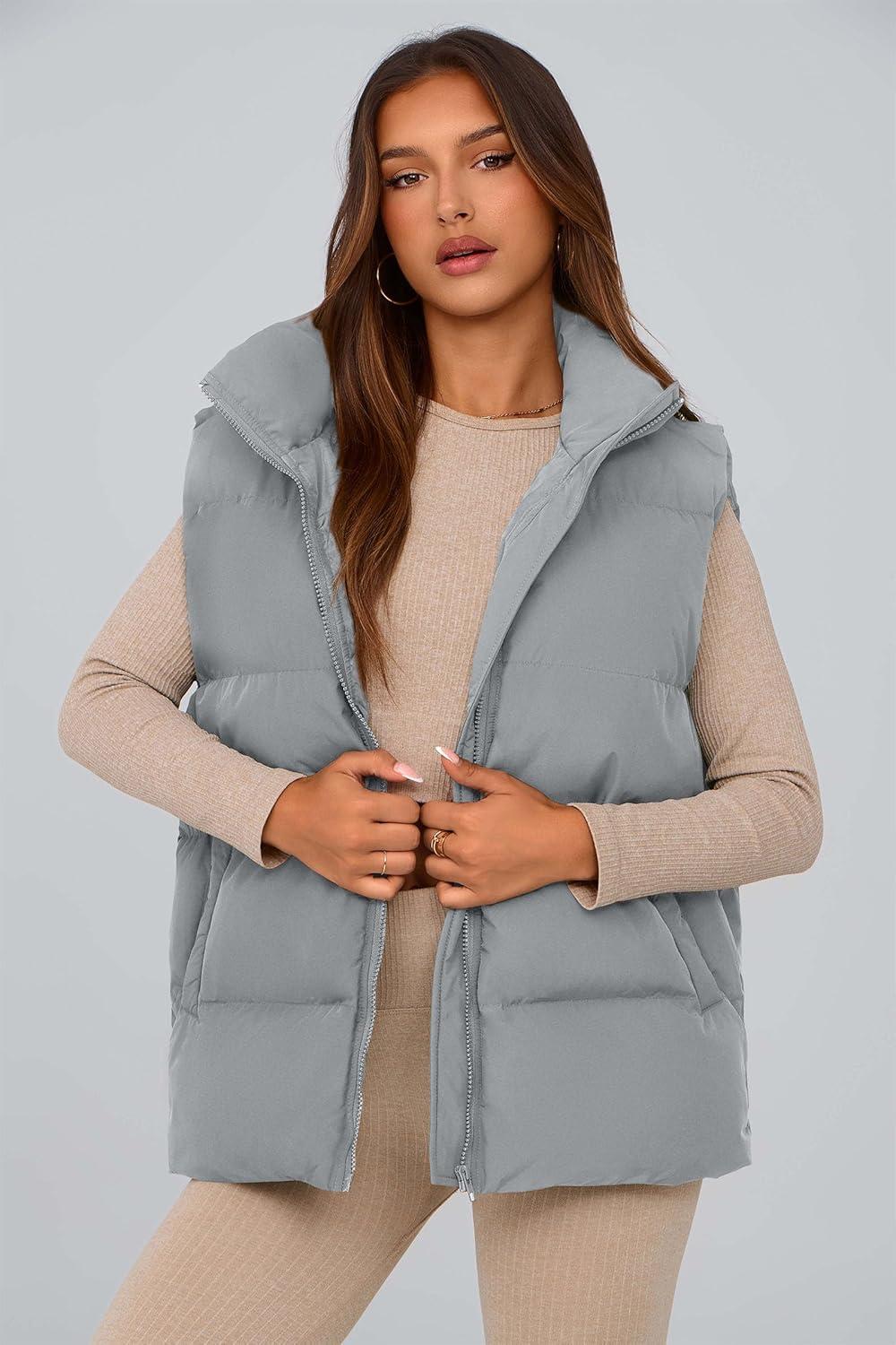 imagePRETTYGARDEN Womens Puffer Jacket Vests 2026 Fall Casual Sleeveless Stand Collar Zip Up Coats Warm Winter OuterwearLight Grey