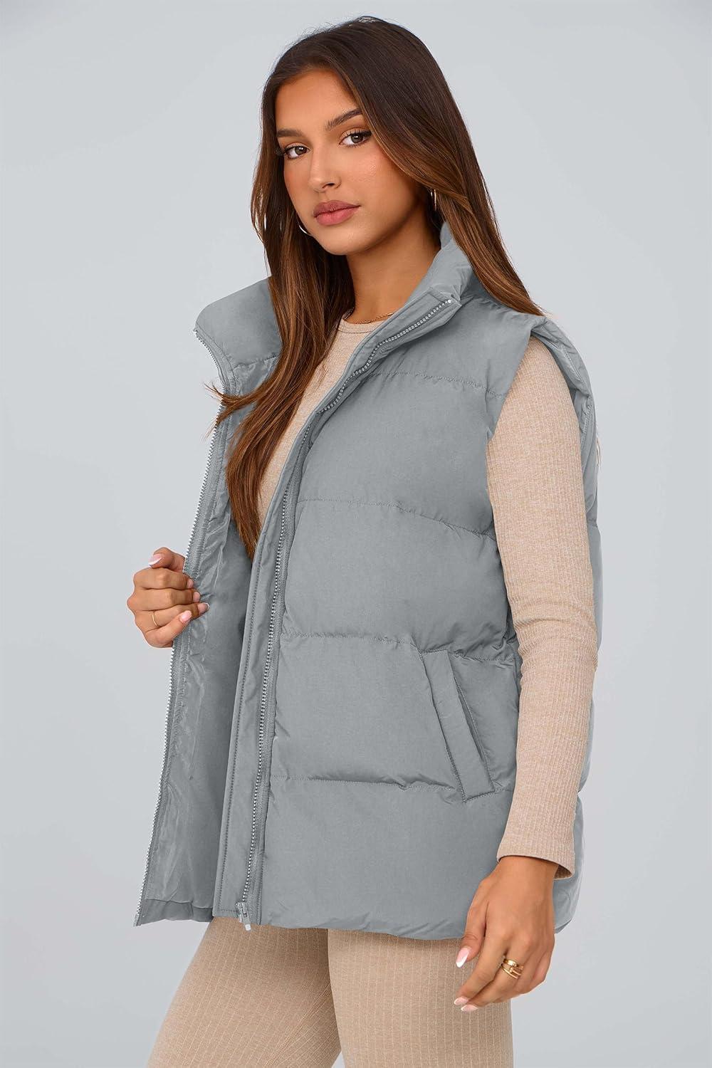 imagePRETTYGARDEN Womens Puffer Jacket Vests 2026 Fall Casual Sleeveless Stand Collar Zip Up Coats Warm Winter OuterwearLight Grey