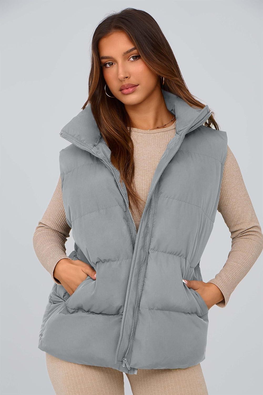imagePRETTYGARDEN Womens Puffer Jacket Vests 2026 Fall Casual Sleeveless Stand Collar Zip Up Coats Warm Winter OuterwearLight Grey
