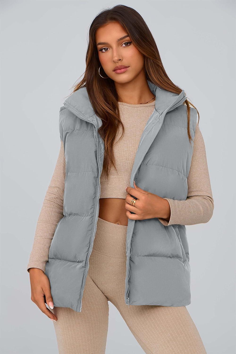 imagePRETTYGARDEN Womens Puffer Jacket Vests 2026 Fall Casual Sleeveless Stand Collar Zip Up Coats Warm Winter OuterwearLight Grey