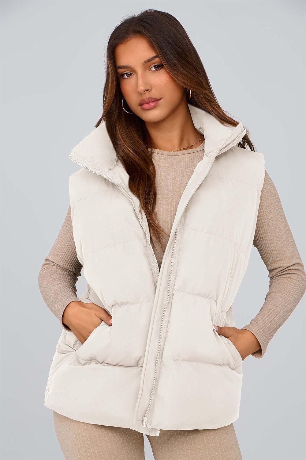 imagePRETTYGARDEN Womens Puffer Jacket Vests 2026 Fall Casual Sleeveless Stand Collar Zip Up Coats Warm Winter OuterwearWhite