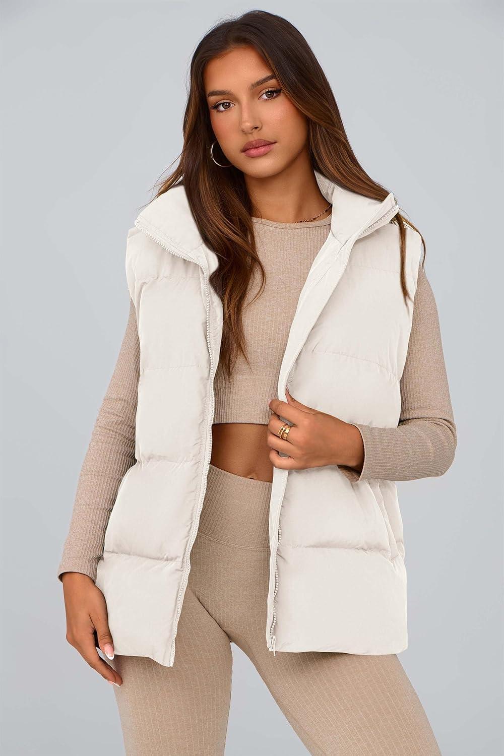 imagePRETTYGARDEN Womens Puffer Jacket Vests 2026 Fall Casual Sleeveless Stand Collar Zip Up Coats Warm Winter OuterwearWhite