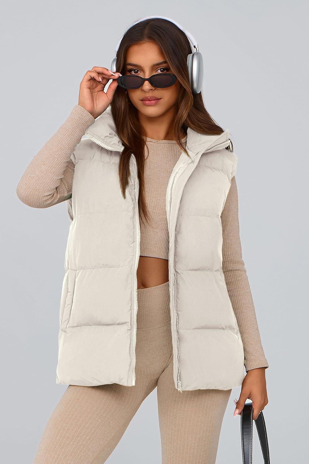imagePRETTYGARDEN Womens Puffer Jacket Vests 2026 Fall Casual Sleeveless Stand Collar Zip Up Coats Warm Winter OuterwearWhite