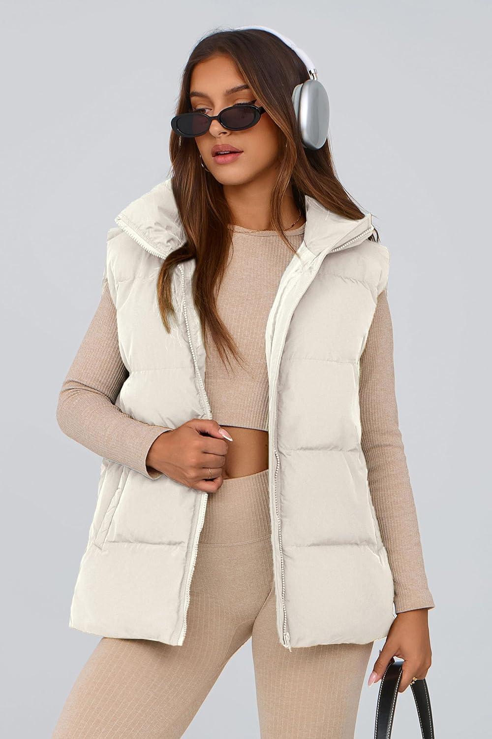 imagePRETTYGARDEN Womens Puffer Jacket Vests 2026 Fall Casual Sleeveless Stand Collar Zip Up Coats Warm Winter OuterwearWhite
