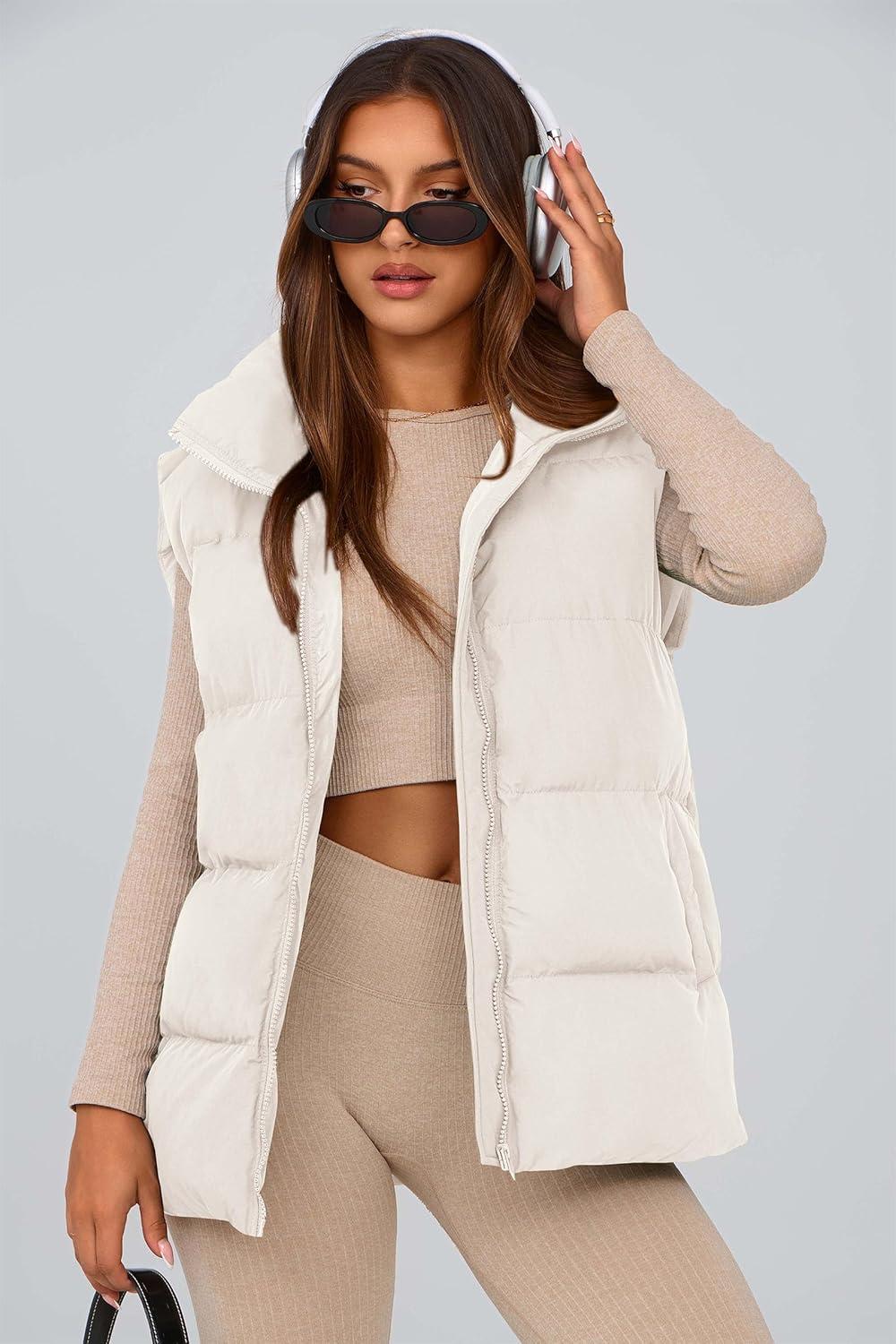 imagePRETTYGARDEN Womens Puffer Jacket Vests 2026 Fall Casual Sleeveless Stand Collar Zip Up Coats Warm Winter OuterwearWhite