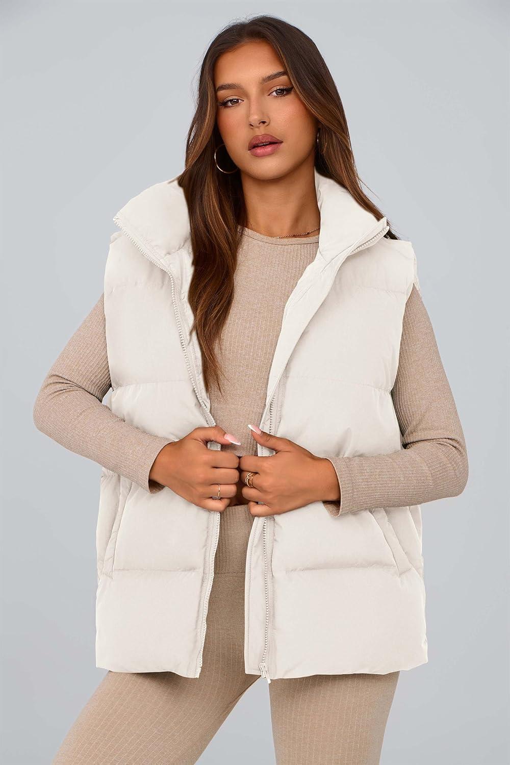 imagePRETTYGARDEN Womens Puffer Jacket Vests 2026 Fall Casual Sleeveless Stand Collar Zip Up Coats Warm Winter OuterwearWhite