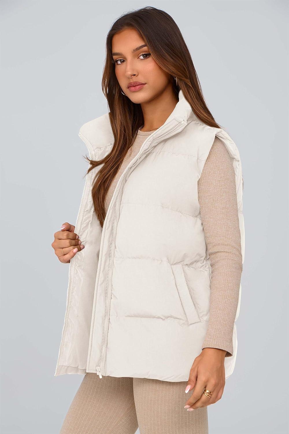 imagePRETTYGARDEN Womens Puffer Jacket Vests 2026 Fall Casual Sleeveless Stand Collar Zip Up Coats Warm Winter OuterwearWhite