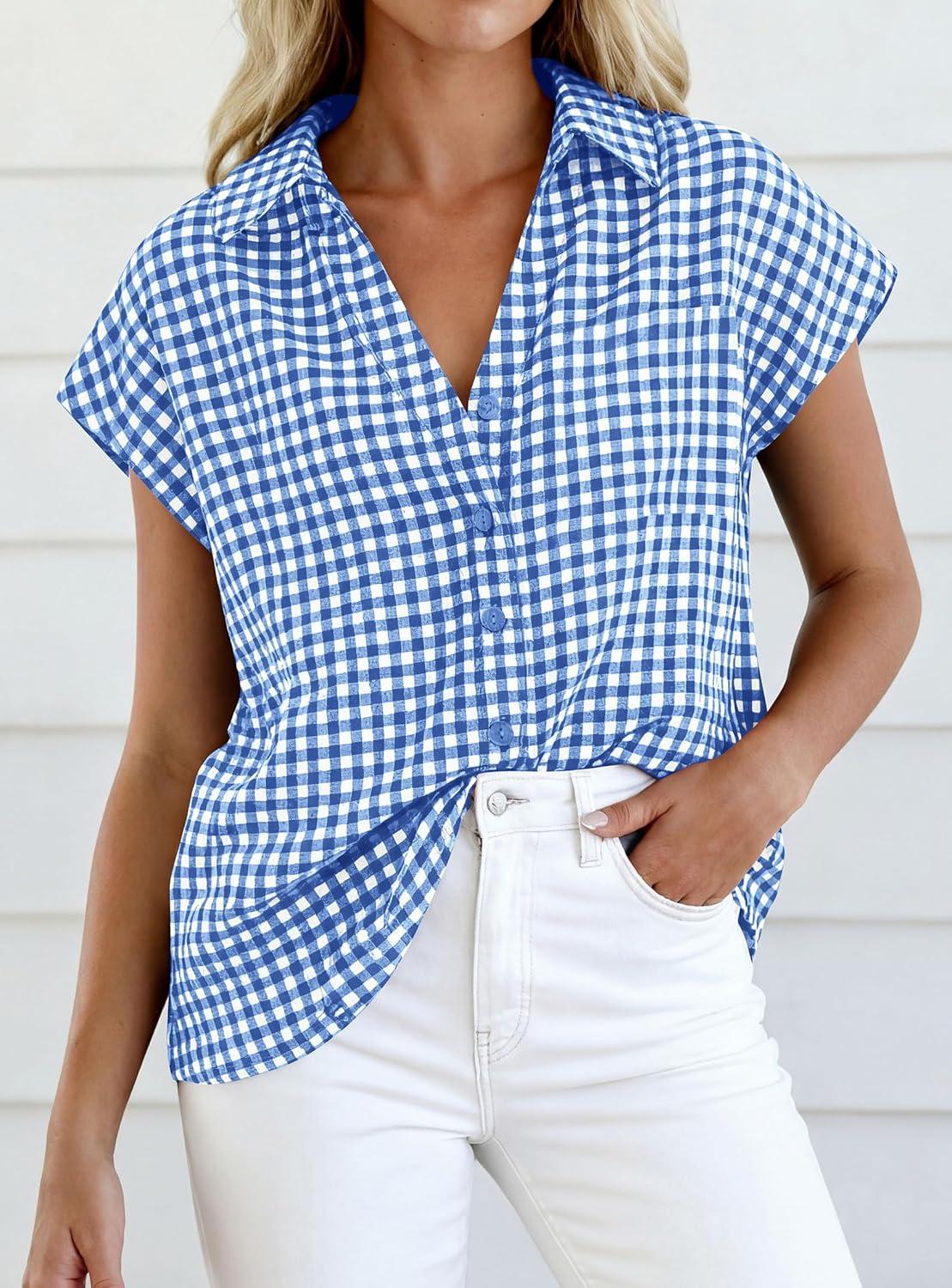 imagePRETTYGARDEN Womens Short Sleeve Shirts Plaid Button Down Blouse Dressy Casual 2026 Summer Spring Business Gingham Work TopsBlue